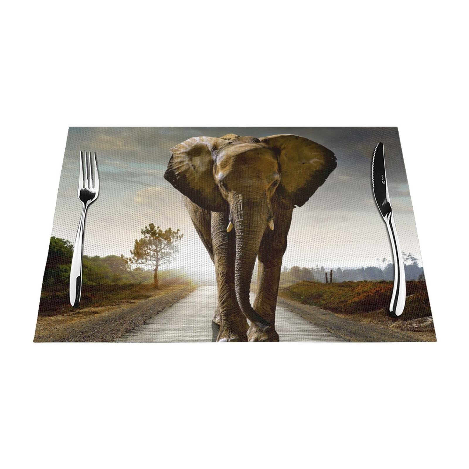 PVC Placemat Set of 4 PCS, 45x30 CM, 3D Elephant Printed Non-Slip Heat Resistant Place Mats for Kitchen Dining Table Indoor Outdoor