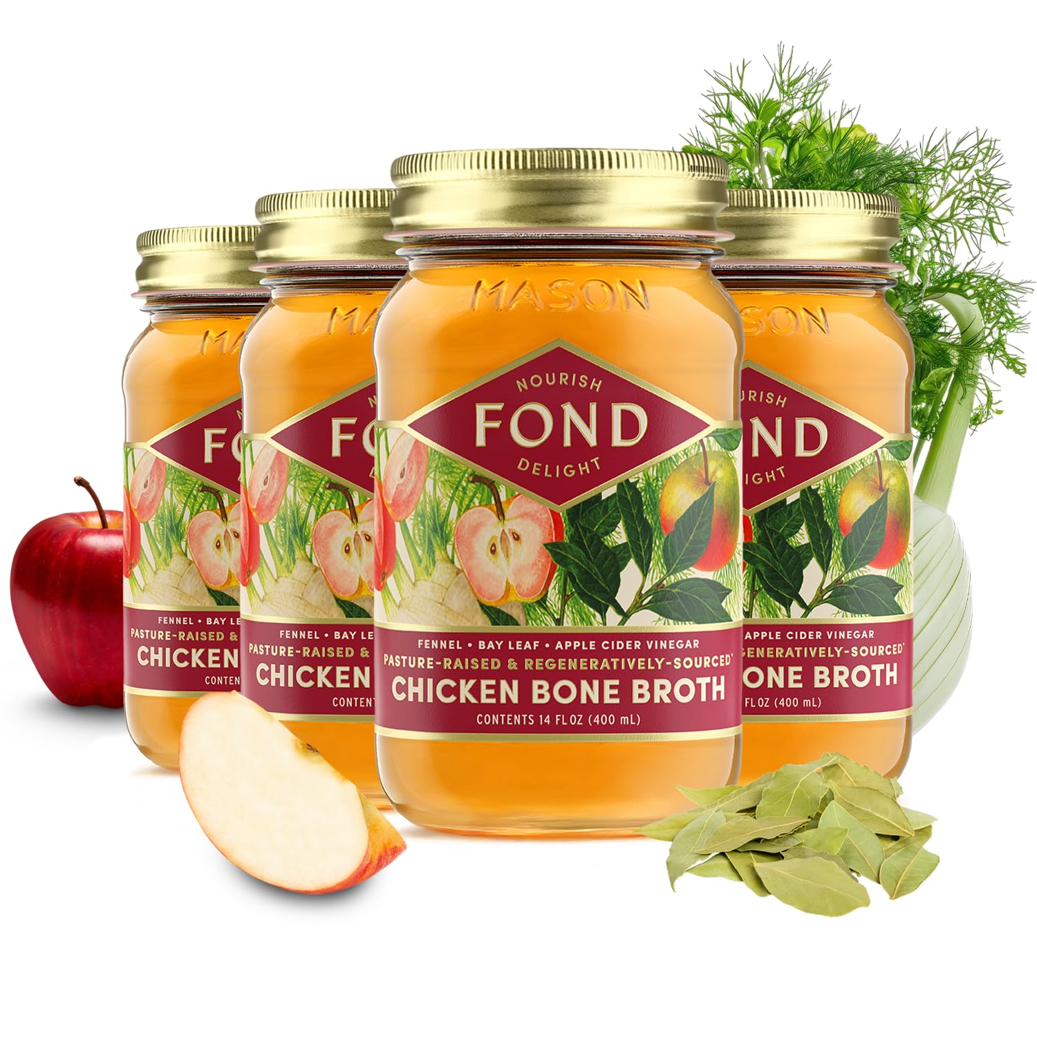 FOND Regenerative Pasture-Raised Chicken Bone Broth Infused with Organic Fennel & Bay Leaf – Slow-Simmered Chicken Broth for Rich and Nourishing