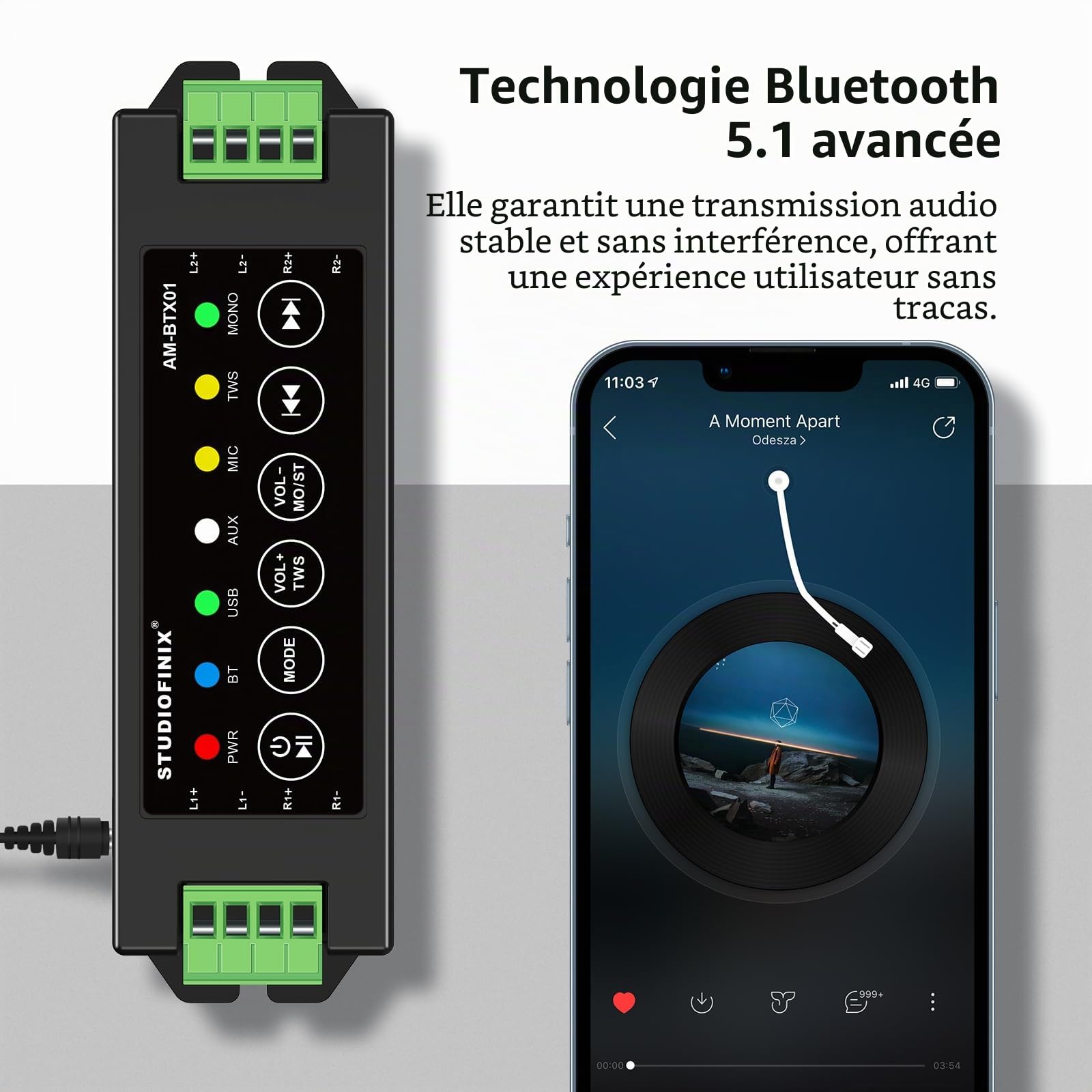 STUODIOFINIX Mini amplificateur Bluetooth 4 canaux 120w pour Haut-parleurs passifs avec TWS, AUX, MIC, USB, pièce détachée, adapté aux Haut-parleurs muraux/Plafond/Marine/bibliothèque