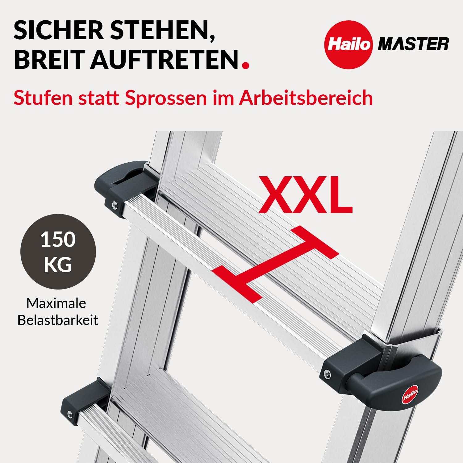 Hailo Master M100 Alu-Multifunktionsleiter 4x4 Stufen bis 150 kg, Silber | Verwendbar als Anlege-, Schiebe- und Stehleiter, Stufen im Arbeitsbereich für sicheren Stand
