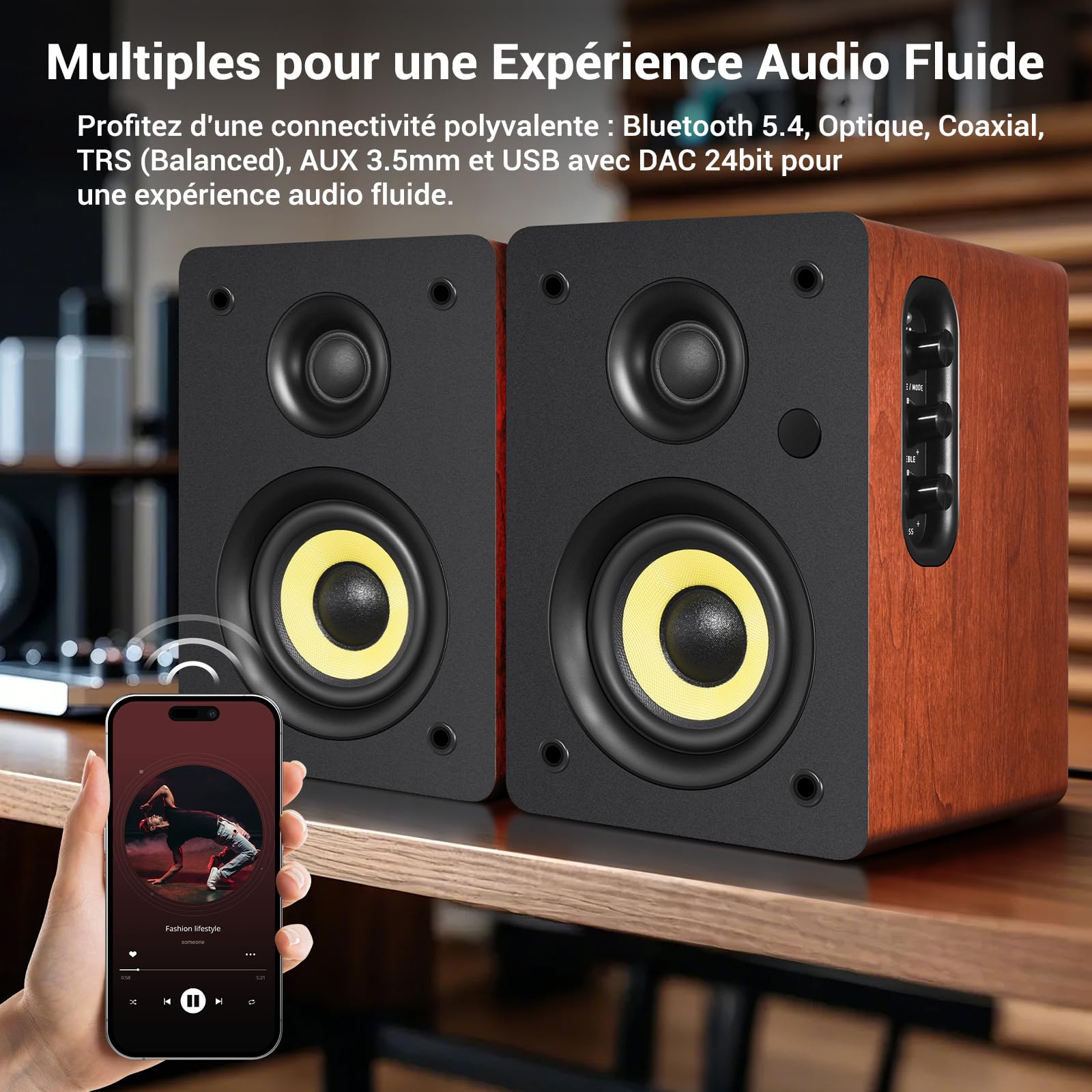 Sanyun SW206 80W Enceintes bibliothèque Actives Double Mode, 4" Studio Monitor/HiFi, Champ sonore 3D amélioré, Entrée symétrique TRS 6,35mm, Bluetooth 5.4, Optique/Coaxial/Aux/USB DAC 24bits, Bois
