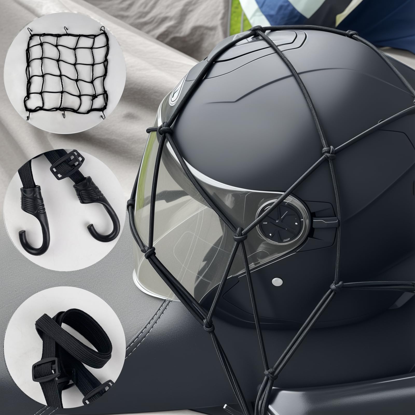 Rete Ragno e Moto Elastica con Ganci, Accessori Reti Elastiche per Portapacchi, Bagagliai (Nero)