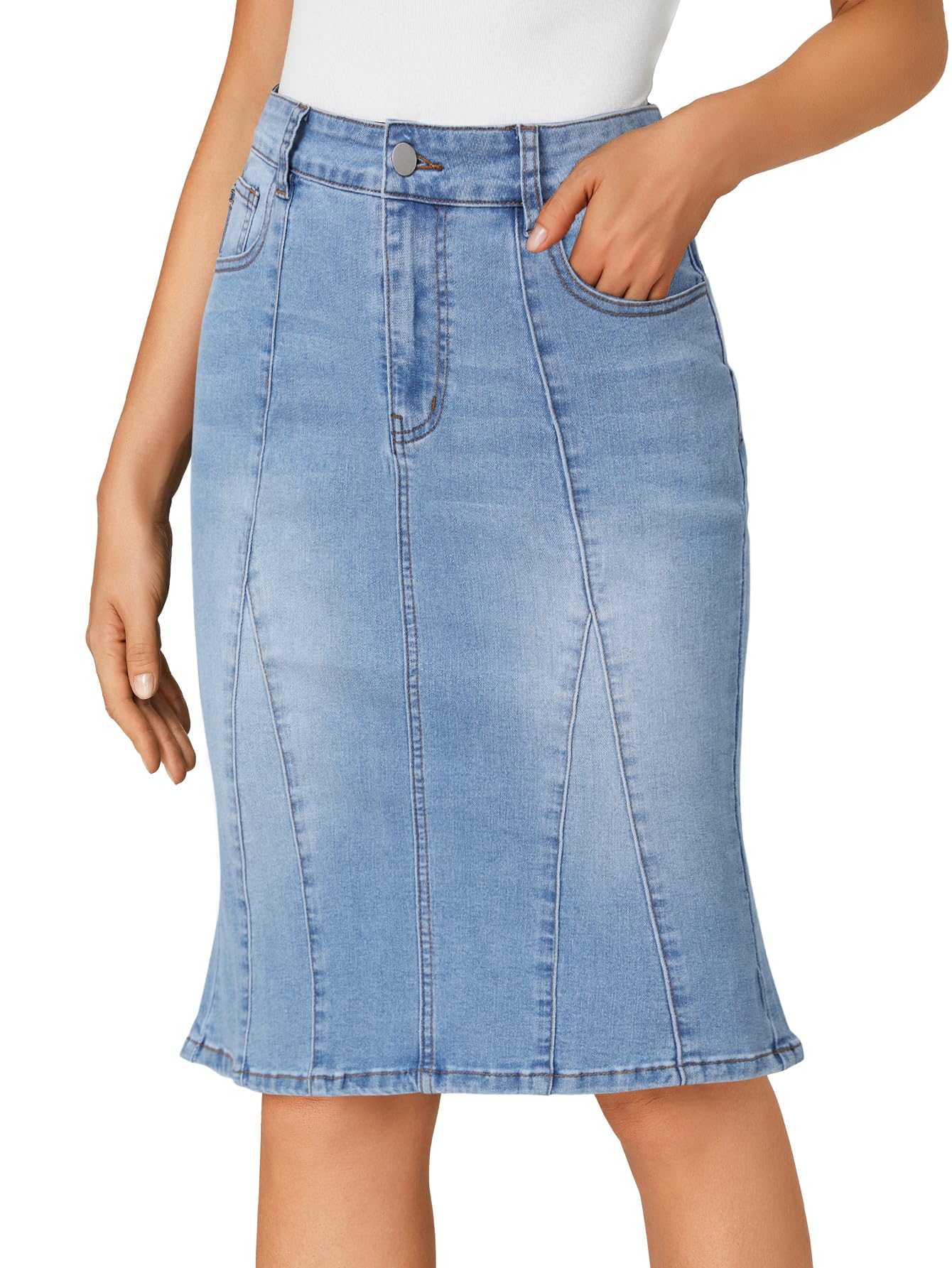 LYANER Damen-Jeansrock, hohe Taille, knielang, Bleistiftform, Meerjungfrauen-Stil, Stretch, Jeansrock