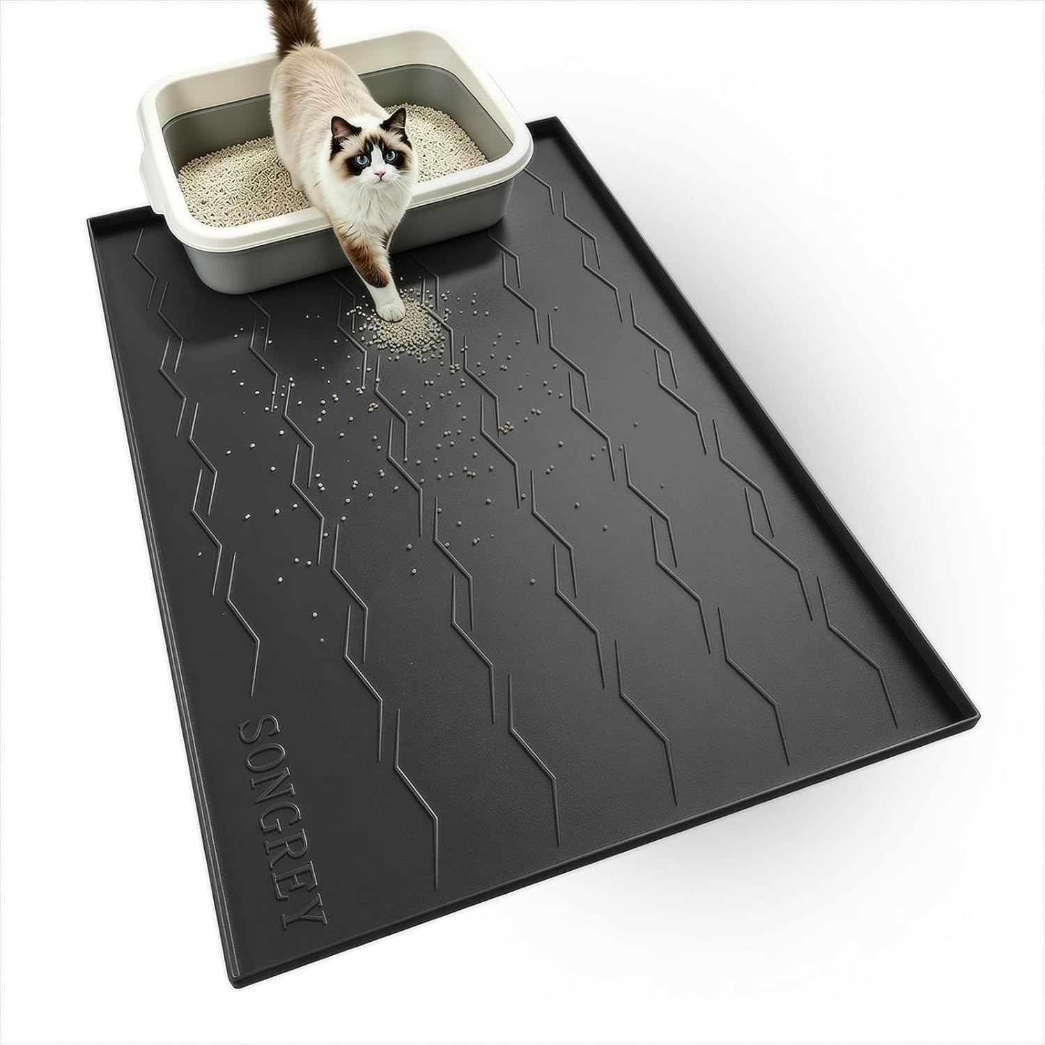 Songrey Silicone Cat Litter Mat 34" x 22", Large Litter Trapping Mat, Black