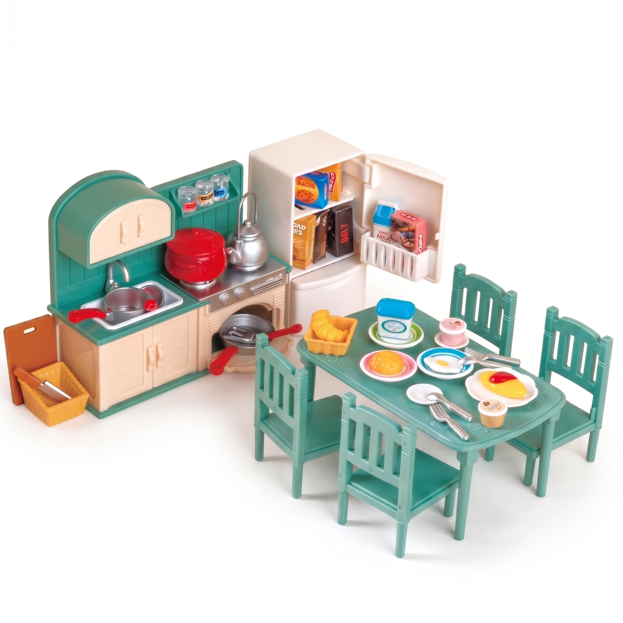 OLEOCA Family Deluxe Dollhouse Dining Set — Stove & Sink Unit, Fridge with Opening Doors, Table & Chairs, Dishes & Play Food — Dollhouse Furniture &