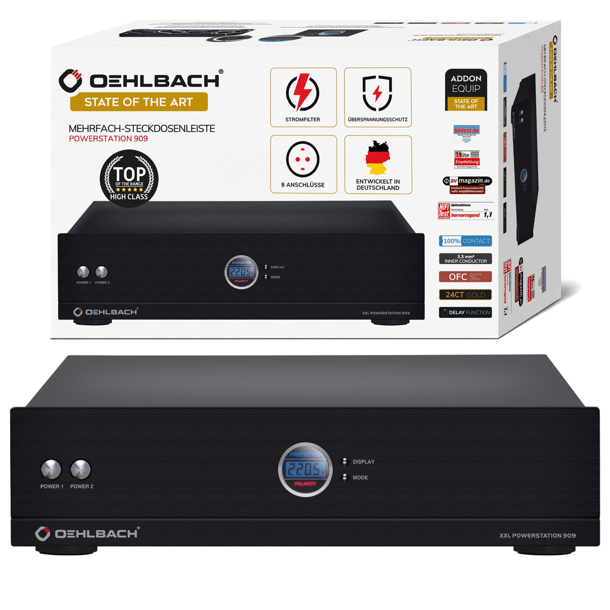 Oehlbach Powerstation 909 - Mehrfachsteckdose mit Stromfilter, Überspannungsschutz, 8 Anschlüsse, Delay-Funktion, High-End-Verarbeitung für HiFi & Heimkino, Schwarz
