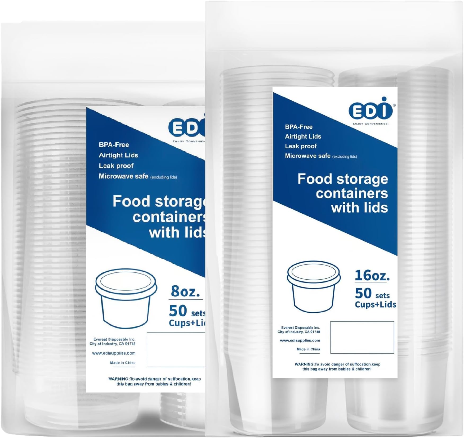 [8 OZ, 50 Sets and 16 OZ, 50 Sets Plastic Deli Food Storage Containers with Airtight Lids Bundle