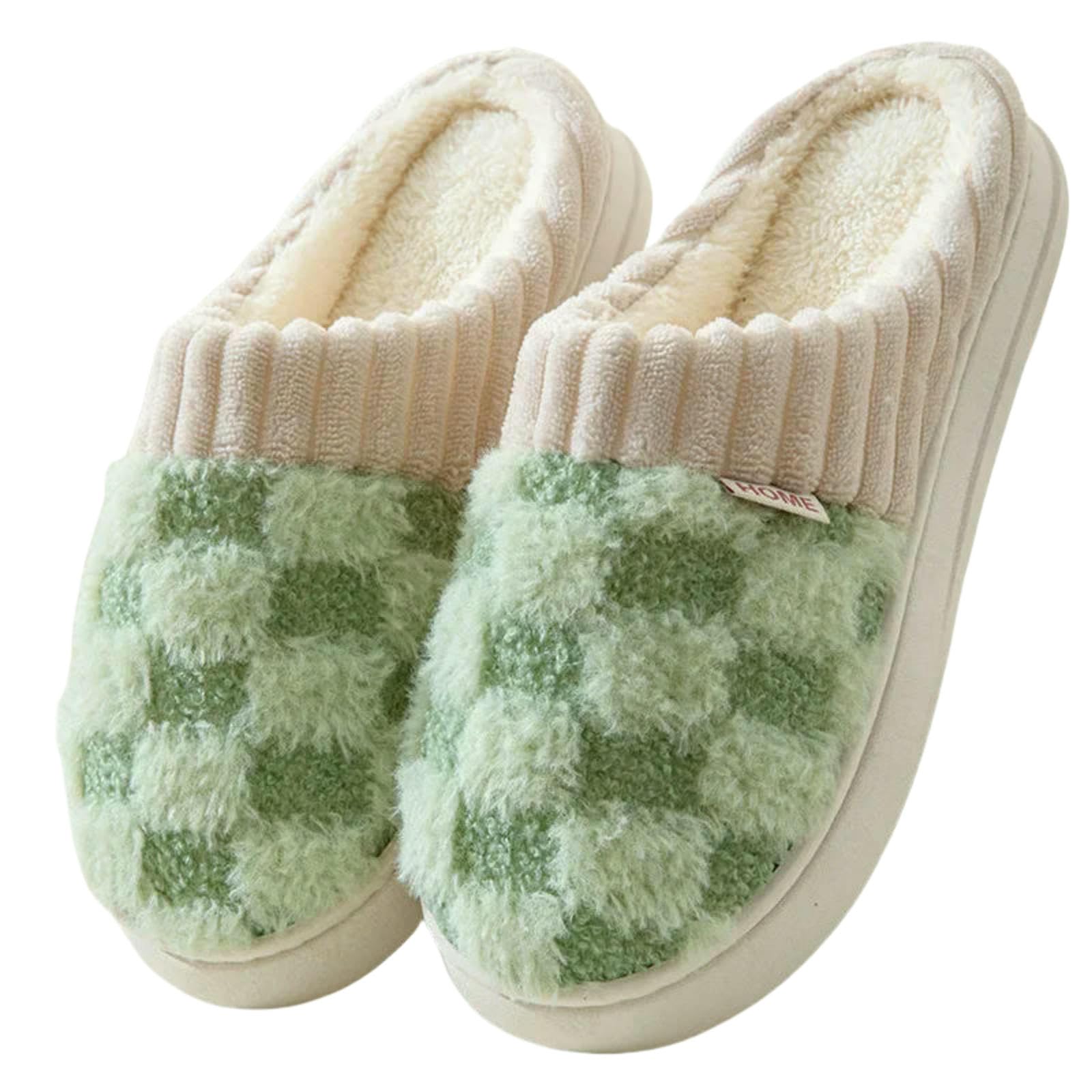 Pantofole di Cotone Coppia Inverno Toe Avvolgere Caldo Plaid Spessore Soffice Suola Scivoli Uomini Donne al Coperto Pavimento Piatto Casa Scarpe Antiscivolo-verde-36-37