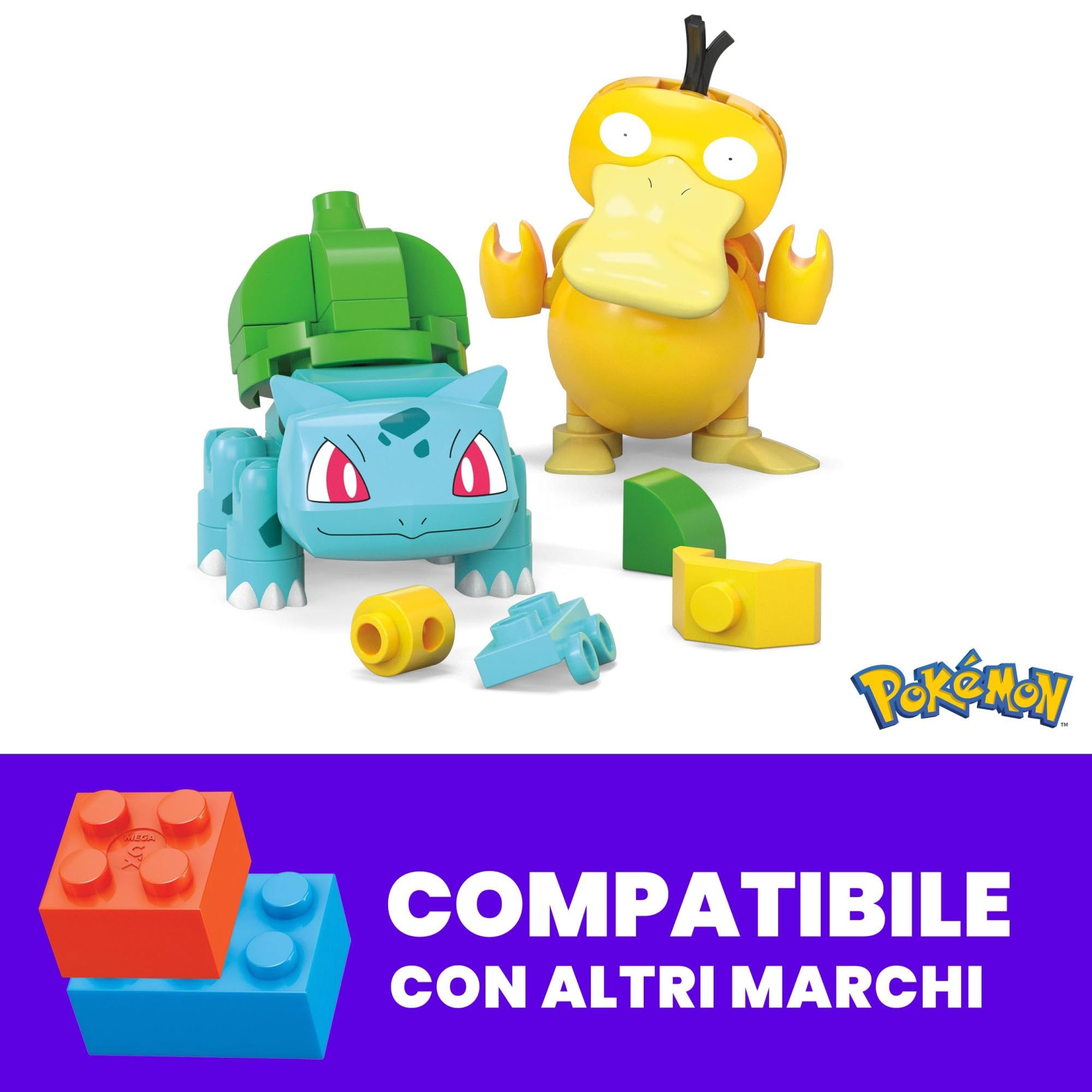 MEGA Pokémon - Set Poké Balls con Bulbasaur e Psyduck, Set da Costruire con 63 Pezzi, Apri Le Poké Balls e costruisci i 2 Personaggi Pokémon Inclusi, Giocattolo per Bambini, 6+ Anni, HXP14