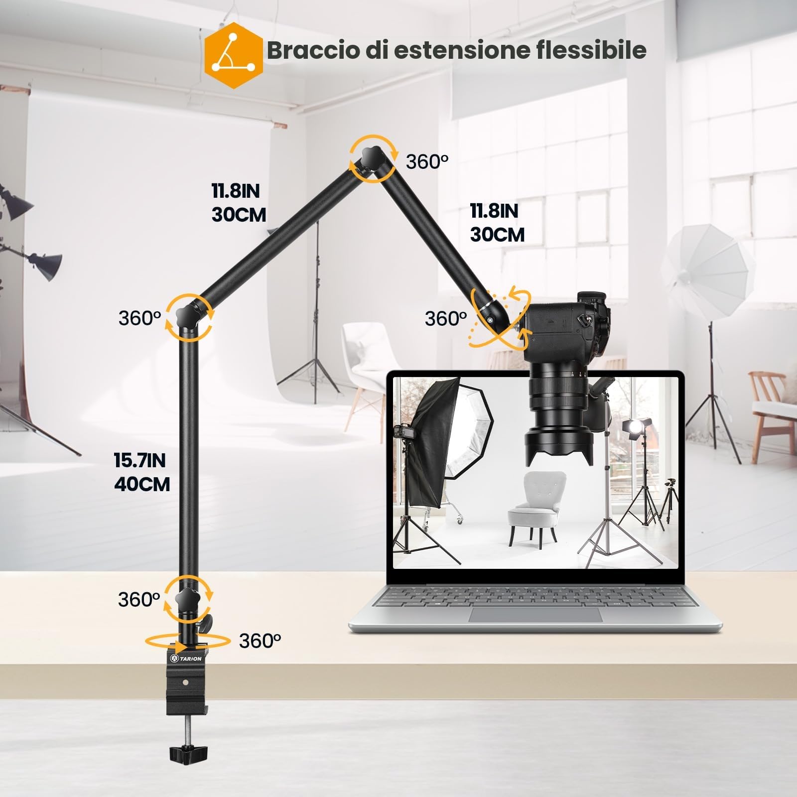 TARION Supporto per treppiede per fotocamera da scrivania Braccio articolato flessibile a 360° con vite da 3/8'' e vite da 3/8'' a 1/4'' per fotocamere DSLR Luce ad anello per proiettore TKB01