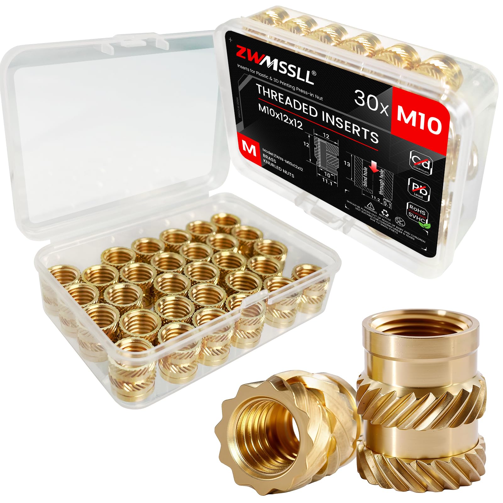 ZWMSSLL M10 Threaded Inserts-30 Pieces M10x12x12 Heat-Set Insert Brass Knurled Nuts Big Size for 3D Printing Components and Plastic Parts