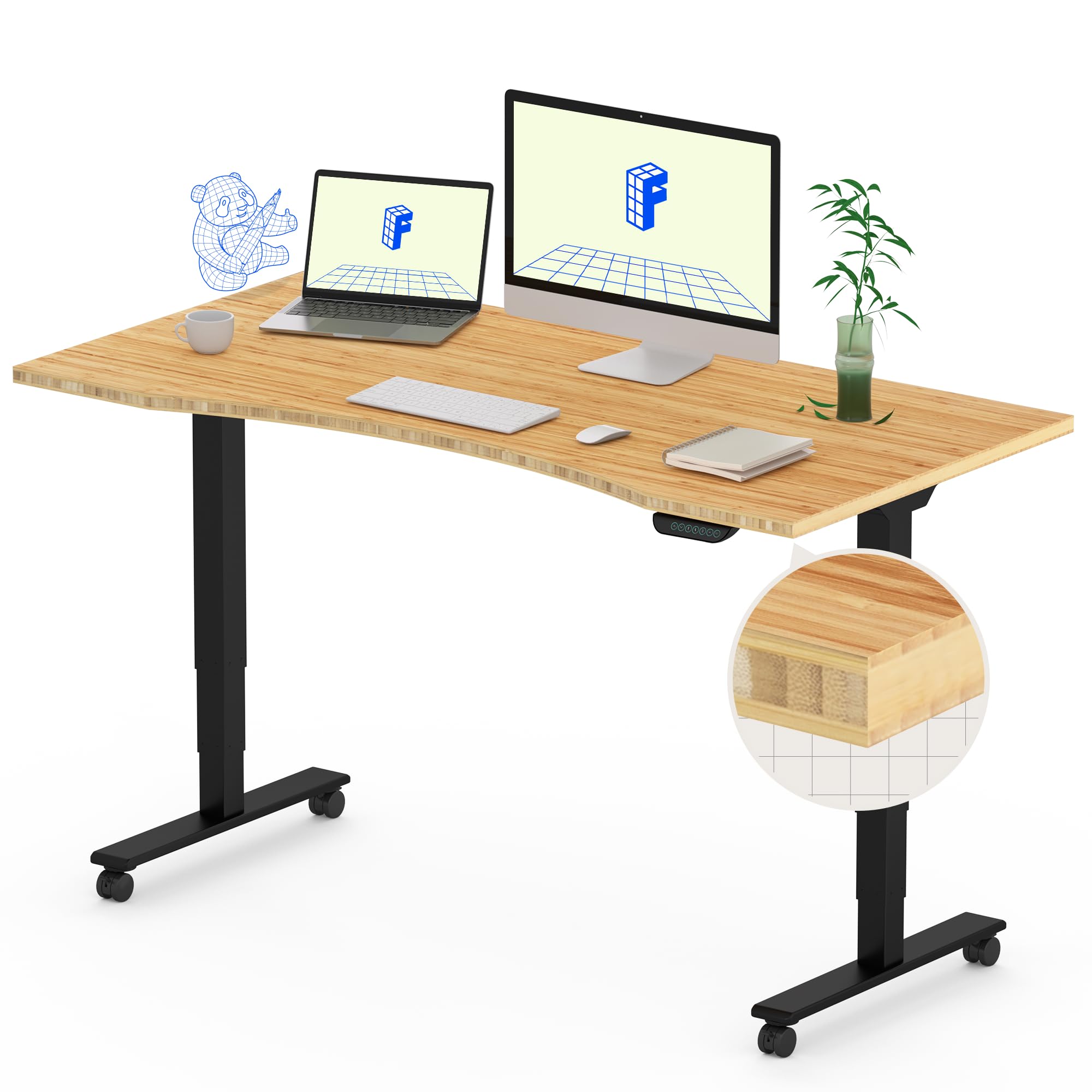 FLEXISPOT E6 MAX Bamboo Dual Motor 3 Stages Standing Desk 48x24 Inch Whole-Piece Board Electric Height Adjustable Stand Up Desk 150KG Load Capacity(Black Frame + Bamboo Curved Desktop)