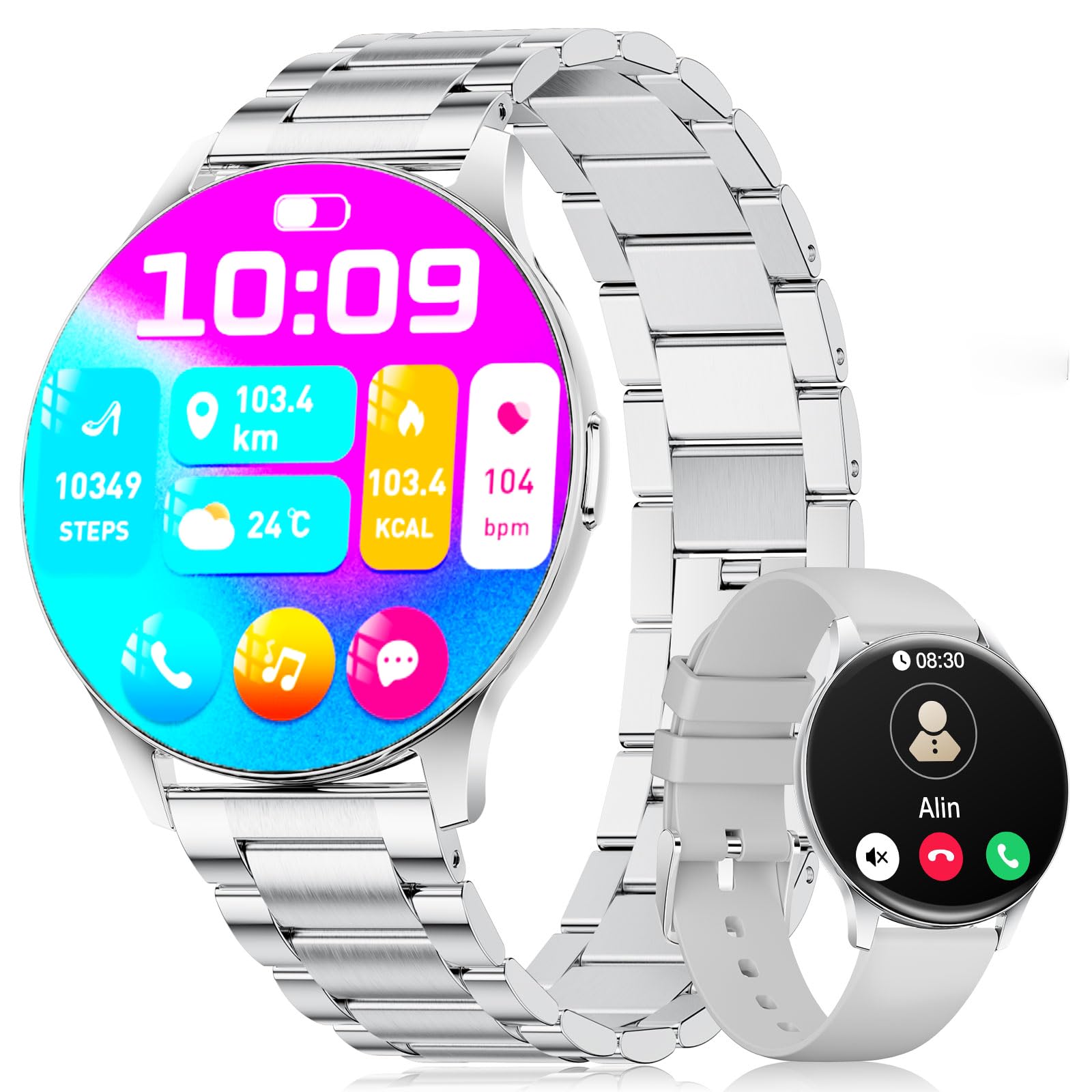 FitVigor Smartwatch Damen(2 Armbändern),Premium-Metallarmband/1.43" HD AMOLED Display/120+ Sportmodi, Fitnessuhr mit Schlaftracking,Telefonfunktion,Uhr für iOS Android,Silber