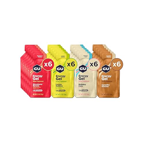 GU Energy Original Sports Nutrition Energy Gels, 24-Count, Vegan, Gluten-Free, Kosher, and Dairy-Free On-the-Go Energy for Any Workout, Assorted Caffeine-Free Flavors Variety Pack - Assorted Caffeine-Free Flavors Variety Pack - 24 Count