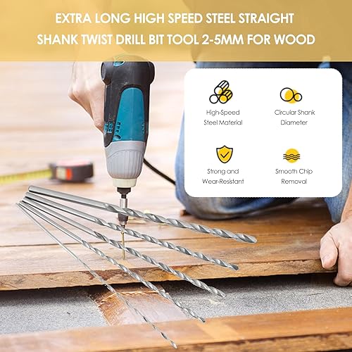 Miniatura 3 de Juego de 5 brocas de acero de alta velocidad extralargas de vástago recto, juego de brocas de madera, diámetro de 0.079-0.197 in de longitud, 5.9