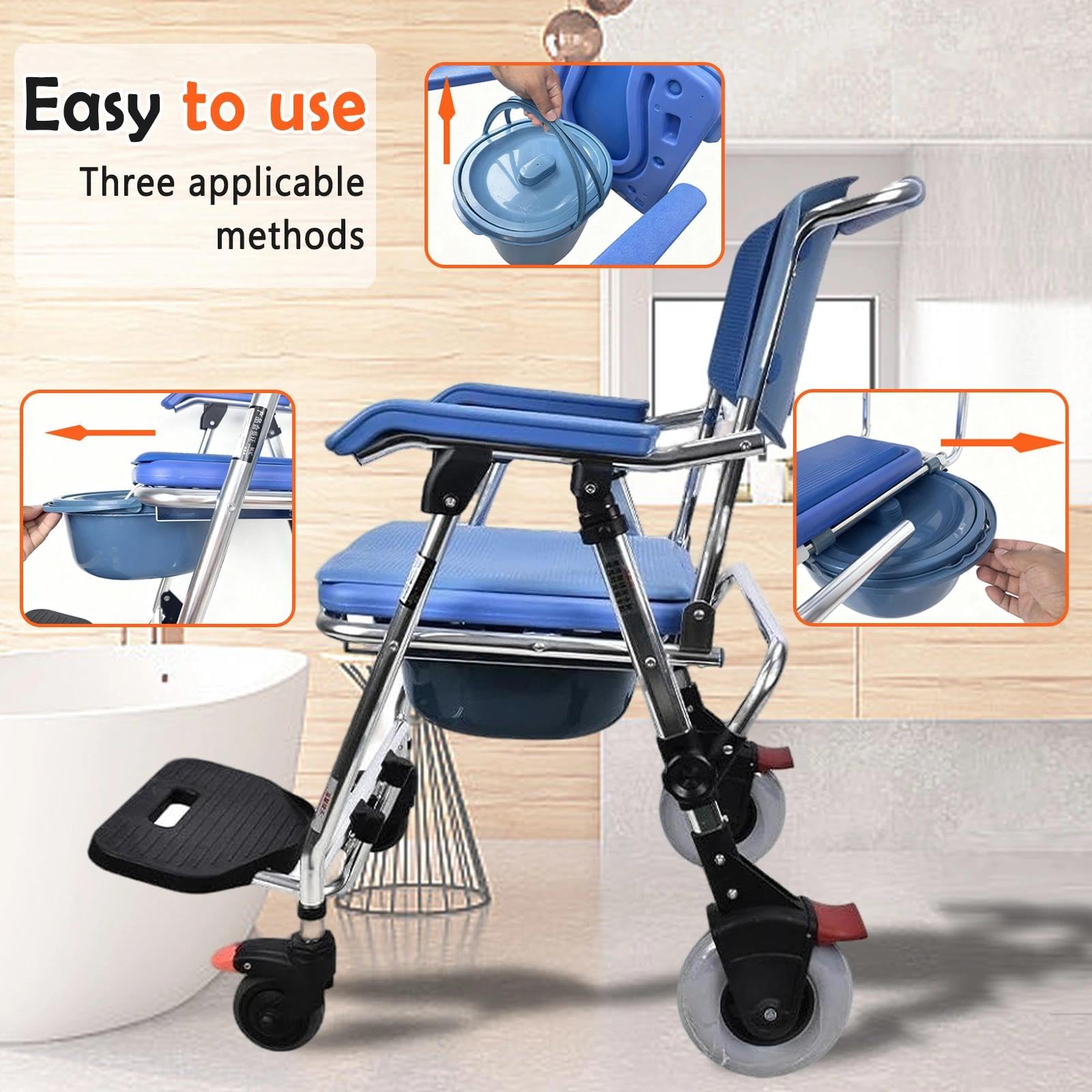 Silla Ducha WC con Ruedas Plegable, Sillas de Ruedas para Ancianos Ducha con Reposabrazos y Respald, Silla De Ruedas para Ducha para Personas Mayores y Discapacitadas 150 kg