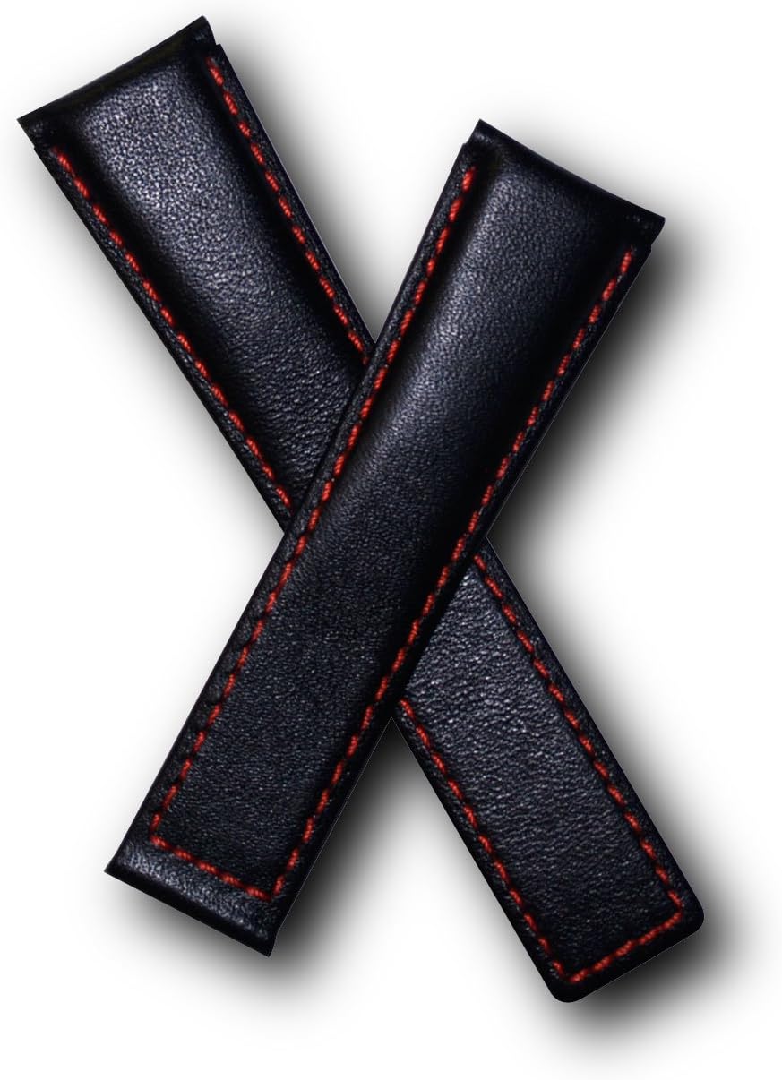 Watchstrapworld TH-MCO-01-0521 - 22 mm Black Smooth Leather Deployment Watch Strap with red Stitching Compatible with TAG Heuer Monaco, Silverstone and Targa Florio Models Listed Below