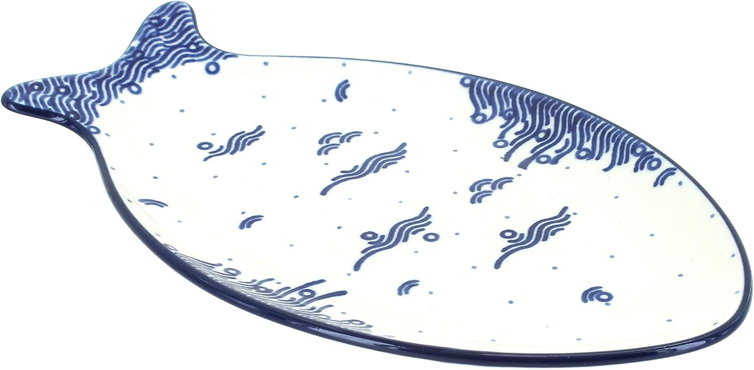 Blue Rose Polish Pottery - Blue Mosaic Beach Small Fish Platter - 9" x 5.25" - Unique Platter for Dinner Parties, Very Durable & Dishwasher Safe