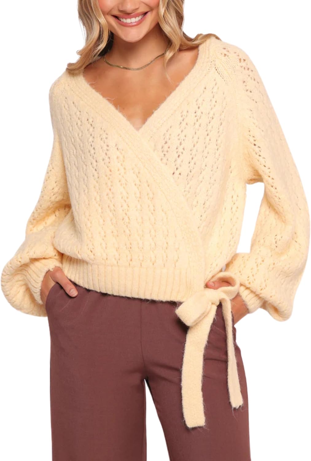 Esmeling Women Bow Tie Wrap Sweater V Neck Lantern Sleeves Knitwear Solid Pullover Cropped Cardigan(1082-Yellow-L)