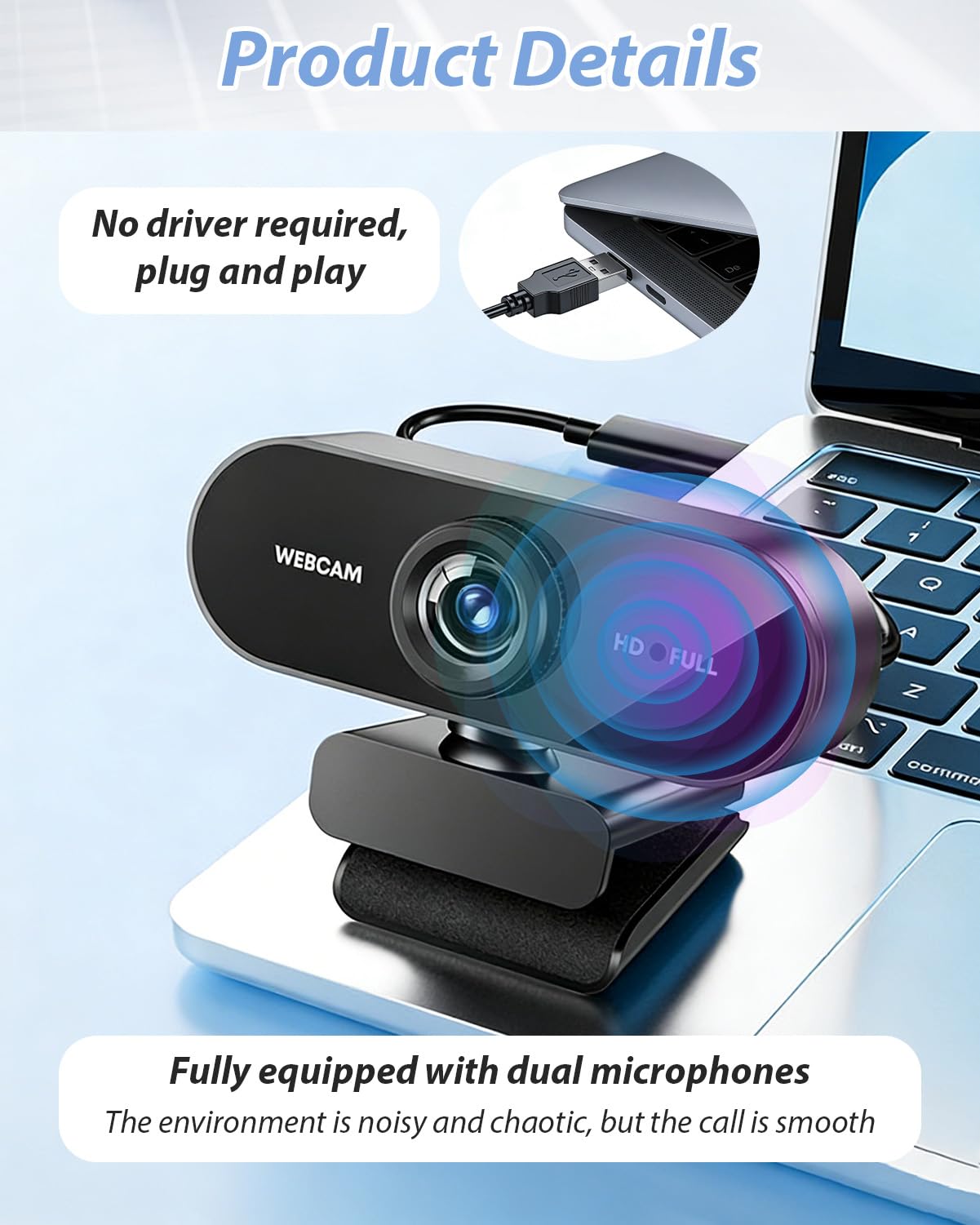 Webcam Full HD, 1080P/30fps Webcam mit Mikrofon, Facecam USB Web Cam, 90° Weitwinkel Rauschunterdrückung, Automatische Lichtkorrektur, Plug&Play für PC Live-Streaming Videoanruf Konferenz Spiel