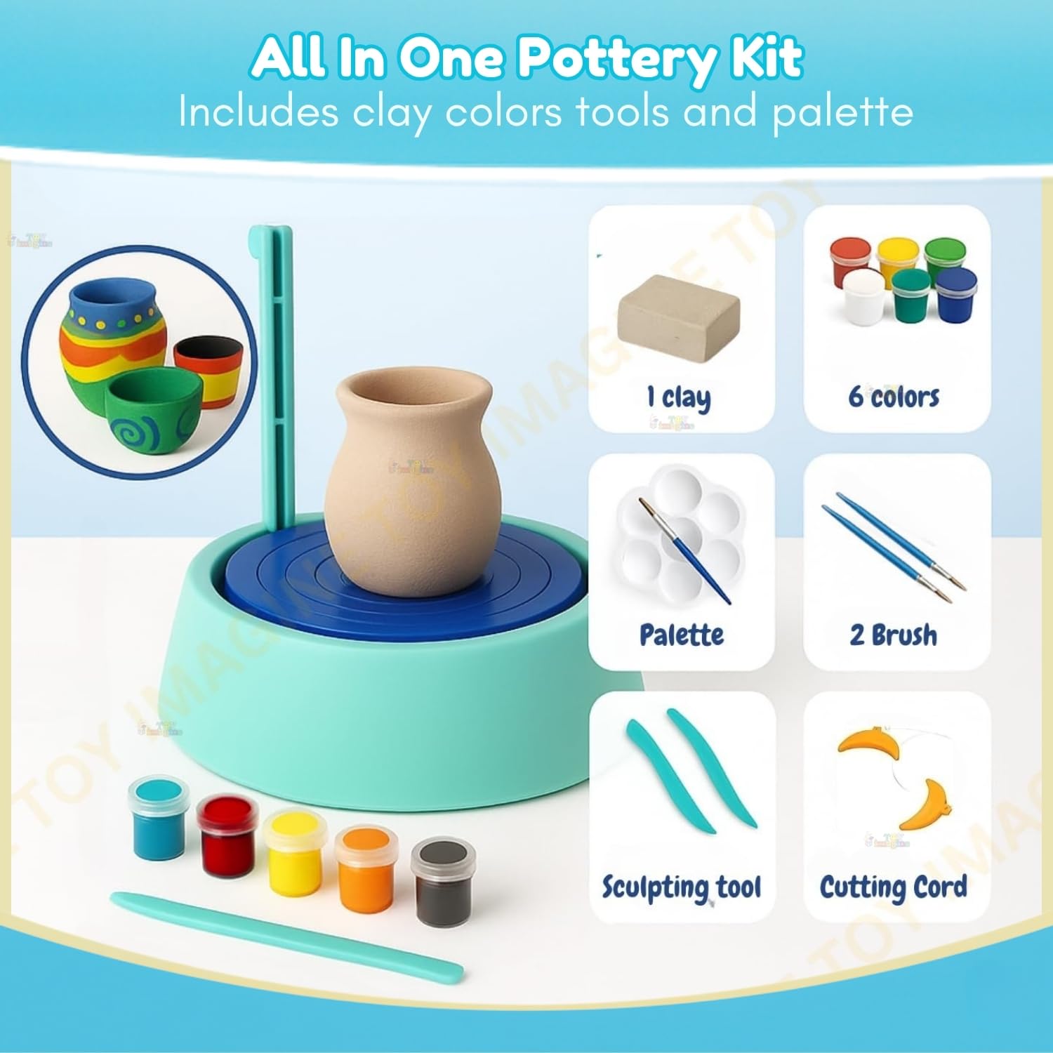 Toy Imagine Kids Pottery Wheel Kit DIY Battery Operated Pottery Making & Painting Set with Modeling Clay, Sculpting Tools, Arts & Crafts Pot Maker for Boys & Girls Age 5+, Indoor & Outdoor Activity, Return Gift. 1