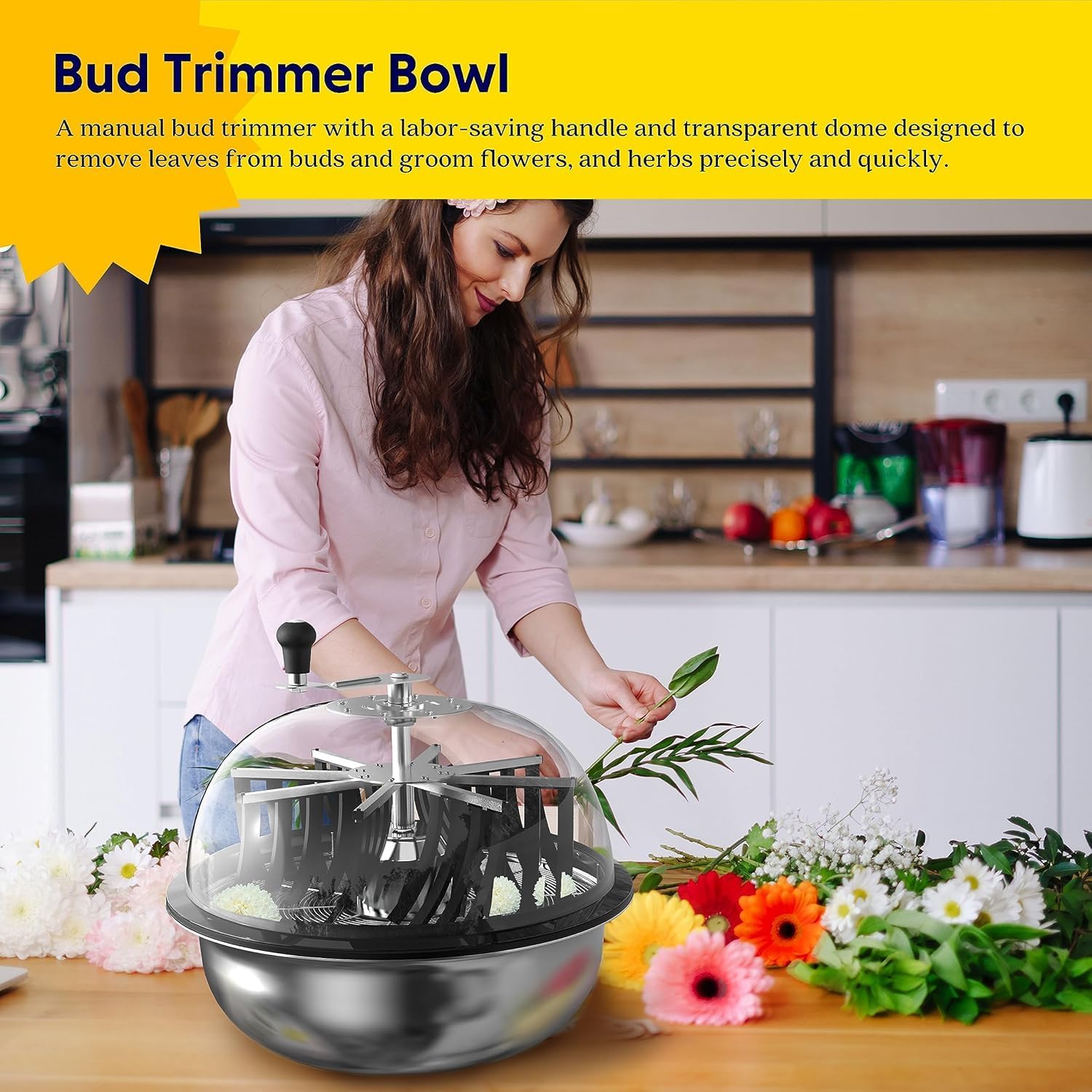 19 inch Bud Leaf Bowl Trimmer, Twisted Spin Cut for Flowers and Plants with 6 Sharp Stainless Steel Blades, Clear Visibility Dome, 6.5" Gardening Pruner Included