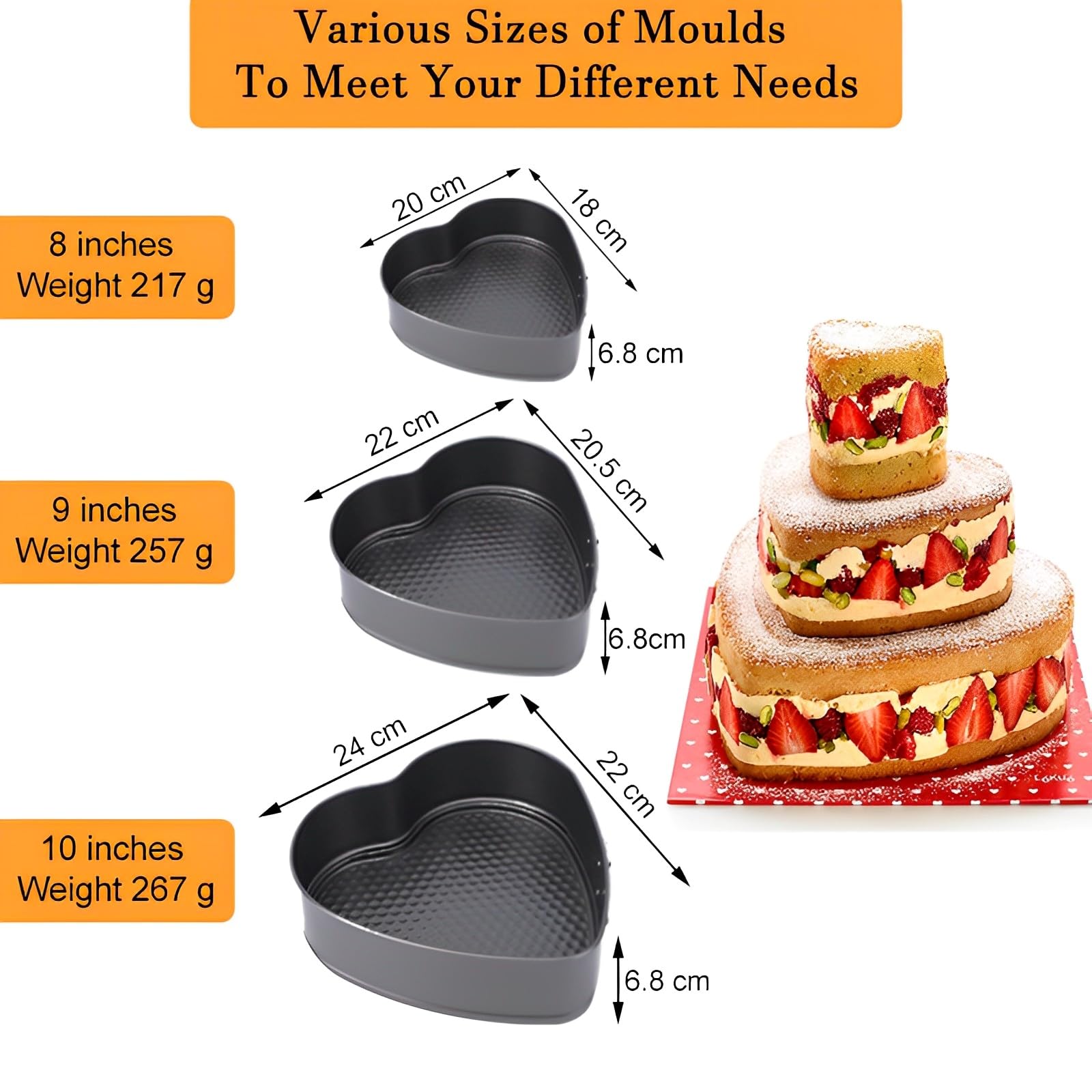 Set 3 Stampi Per Torte A Cuore – Antiaderenti, Acciaio Al Carbonio, Base Rimovibile, Dimensioni 20/22/24 Cm, Per Cheesecake E Dolci Fatti In Casa - 4