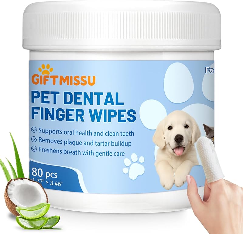 80 Counts Pet Dental Finger Wipes for Dogs and Cats - Disposable Dog Teeth Cleaning Wipes for No-Rinse Daily Oral Care, Pet Tooth Cleaning Wipes