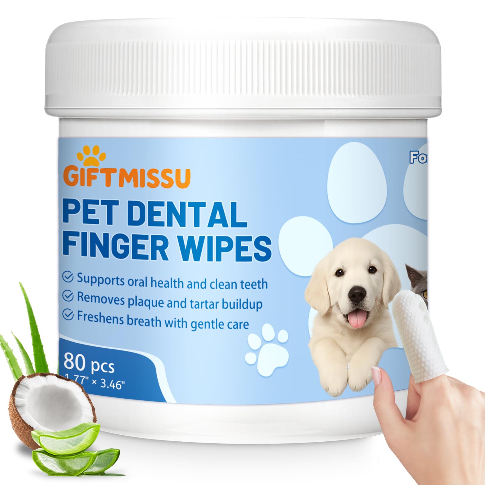80 Counts Pet Dental Finger Wipes for Dogs and Cats - Disposable Dog Teeth Cleaning Wipes for No-Rinse Daily Oral Care, Pet Tooth Cleaning Wipes