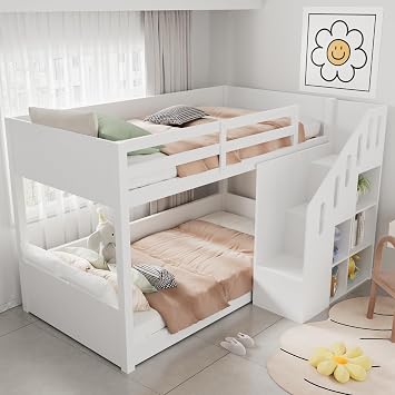 Miyemo Bunk Bed with 2 Single Beds for Kids, 3ft Multifunctional Children's Bed with Stairs and Storage Cabinets, Stable Railings, 90 X 190cm, White, (No Mattress)