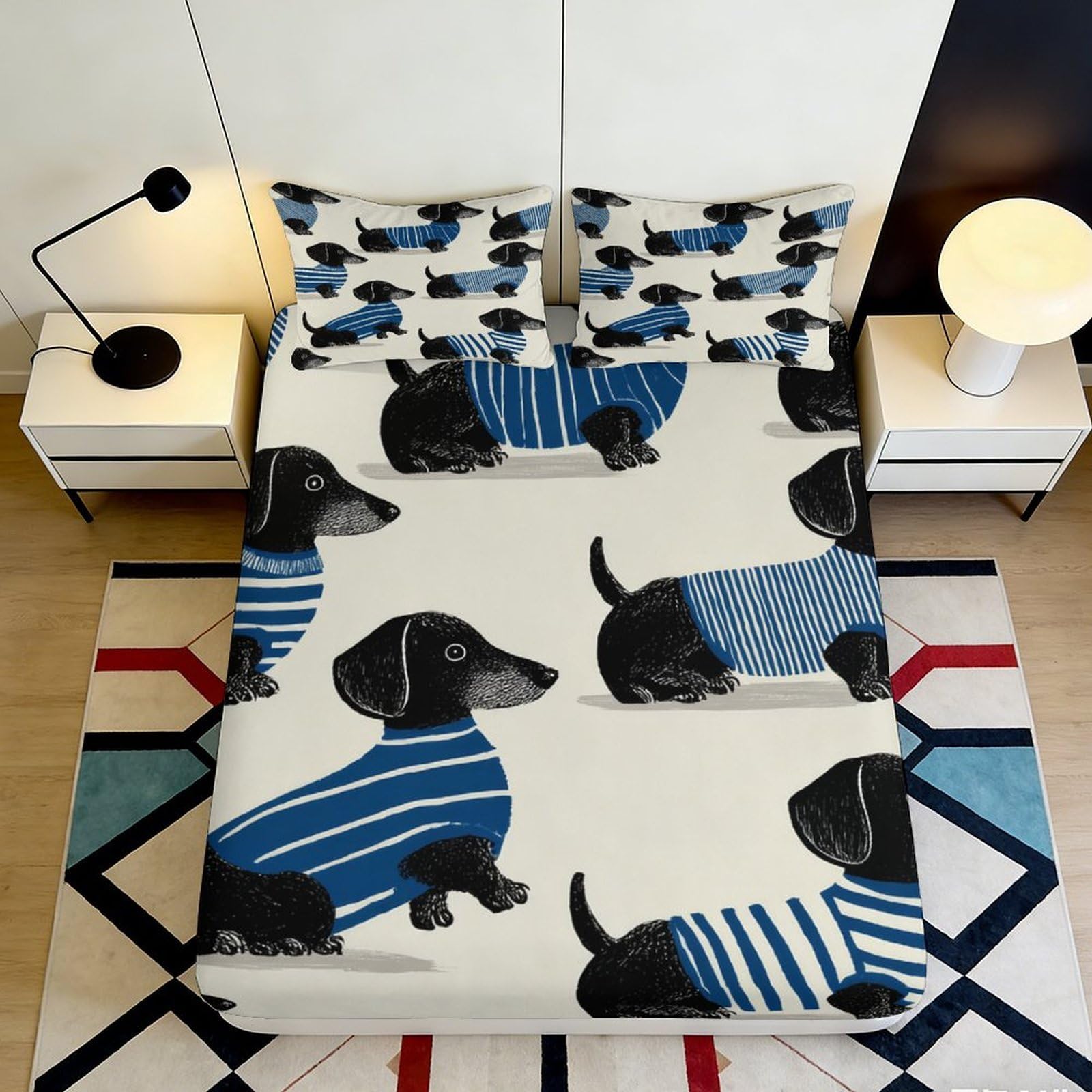 3D Printed Dachshund Dog Pattern Fitted Sheet Microfiber Blue Striped Cartoon Bed Cover for Bedroom Guest Room Decor 120x200x25cm