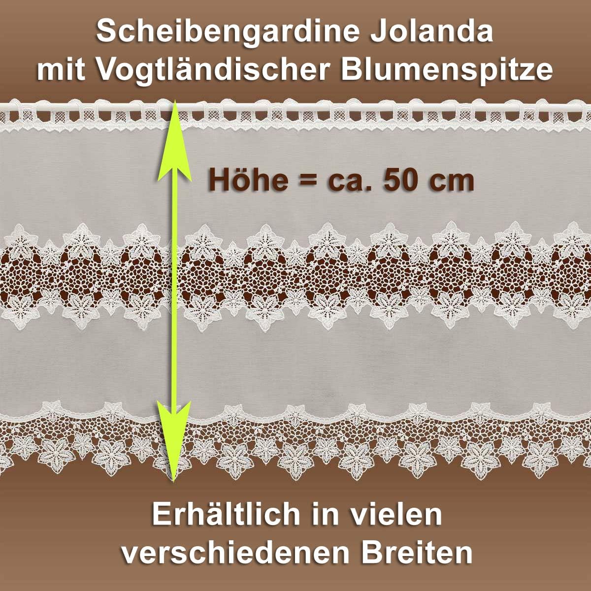 Feenhaus-Spitzengardine Jolanda Vogtländische Spitze in Natur | Landhaus-Scheibengardine mit Blumen-Muster | klassischer Scheibenhänger handgefertigt | Bistrogardine Höhe x Breite 50 x 132 cm
