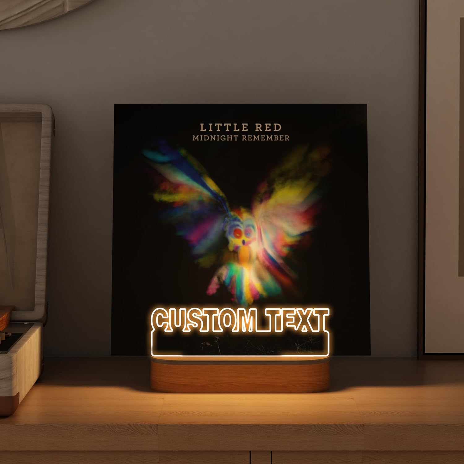 Ammonite Light up Now Spinning Vinyl Record Stand Wall Mount, Now Playing Record Player Stand, Wooden Acrylic Holder for Vinyl Album Display and Storage with Warm White Color Lights