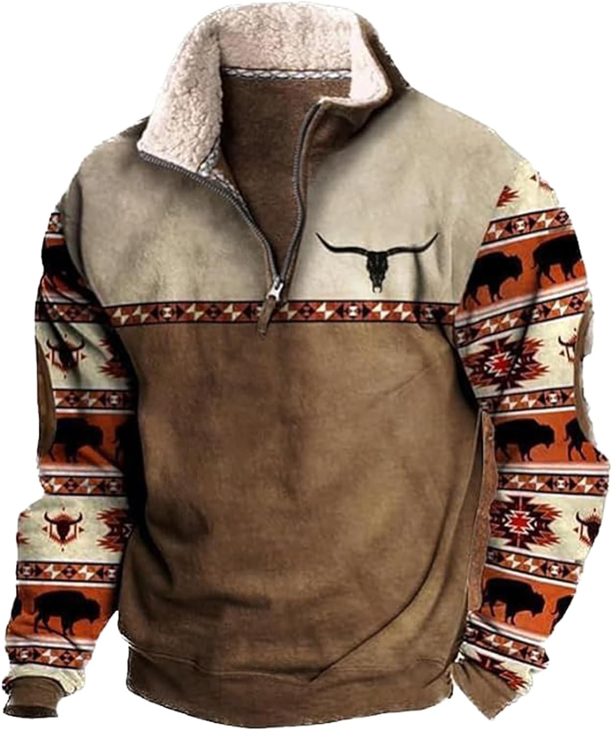 Western Sweatshirts for Men Aztec Ethnic Print Quarter Zip Pullover Fleece Hoodies Casual Stand Collar Sweatshirt
