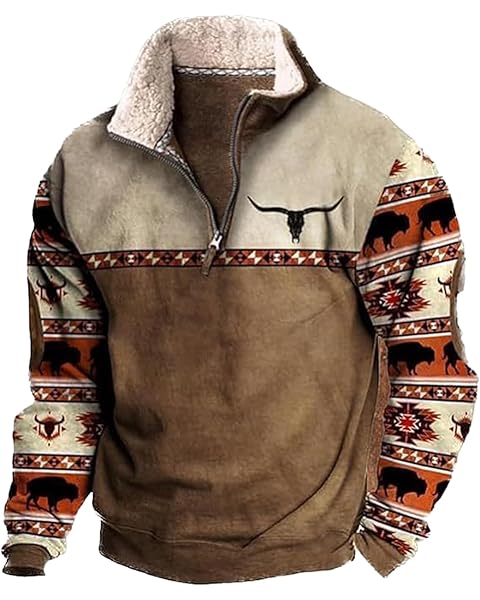 Western Sweatshirts for Men Aztec Ethnic Print Quarter Zip Pullover Fleece Hoodies ...