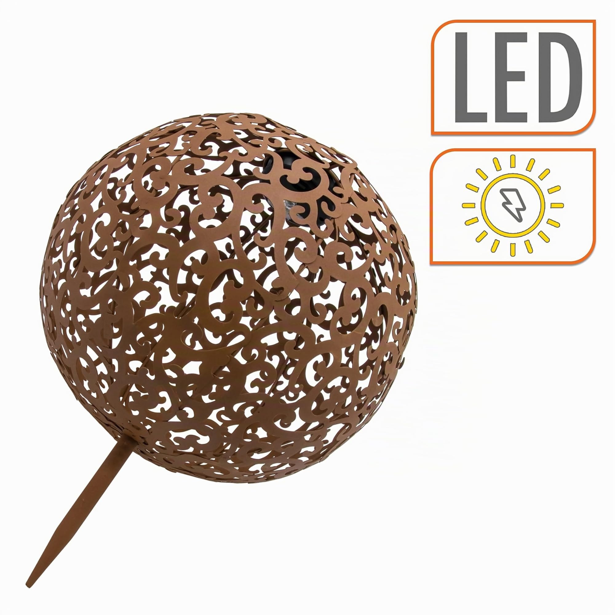 Boule décorative en métal - 28,5 cm - Solaire/lumineuse - Boule solaire blanc chaud aspect rouille