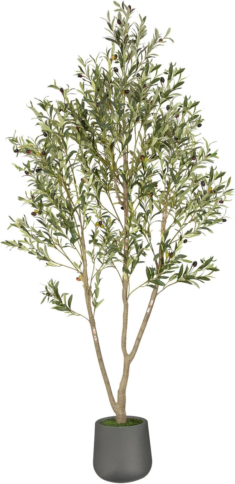 Artificial Olive Tree, 7FT Tall Faux Olive Tree with Gray Planter, Artificial Plants with Natural Wood Trunk and Lifelike Fruits for Home Office Decor