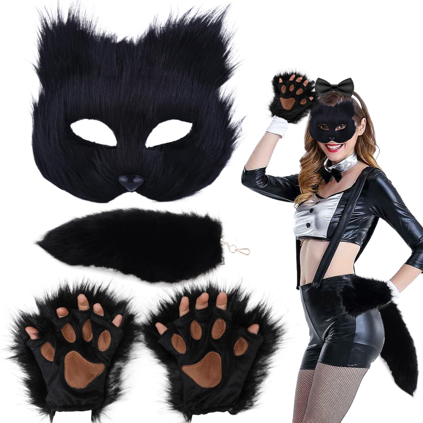 Suxdlan Unisex Black Half-Face Therian Mask, Therian Tails And Faux Paws Gloves, Soft Furry Gear, Furry Costume For For Masquerade Party Easter Cosplay