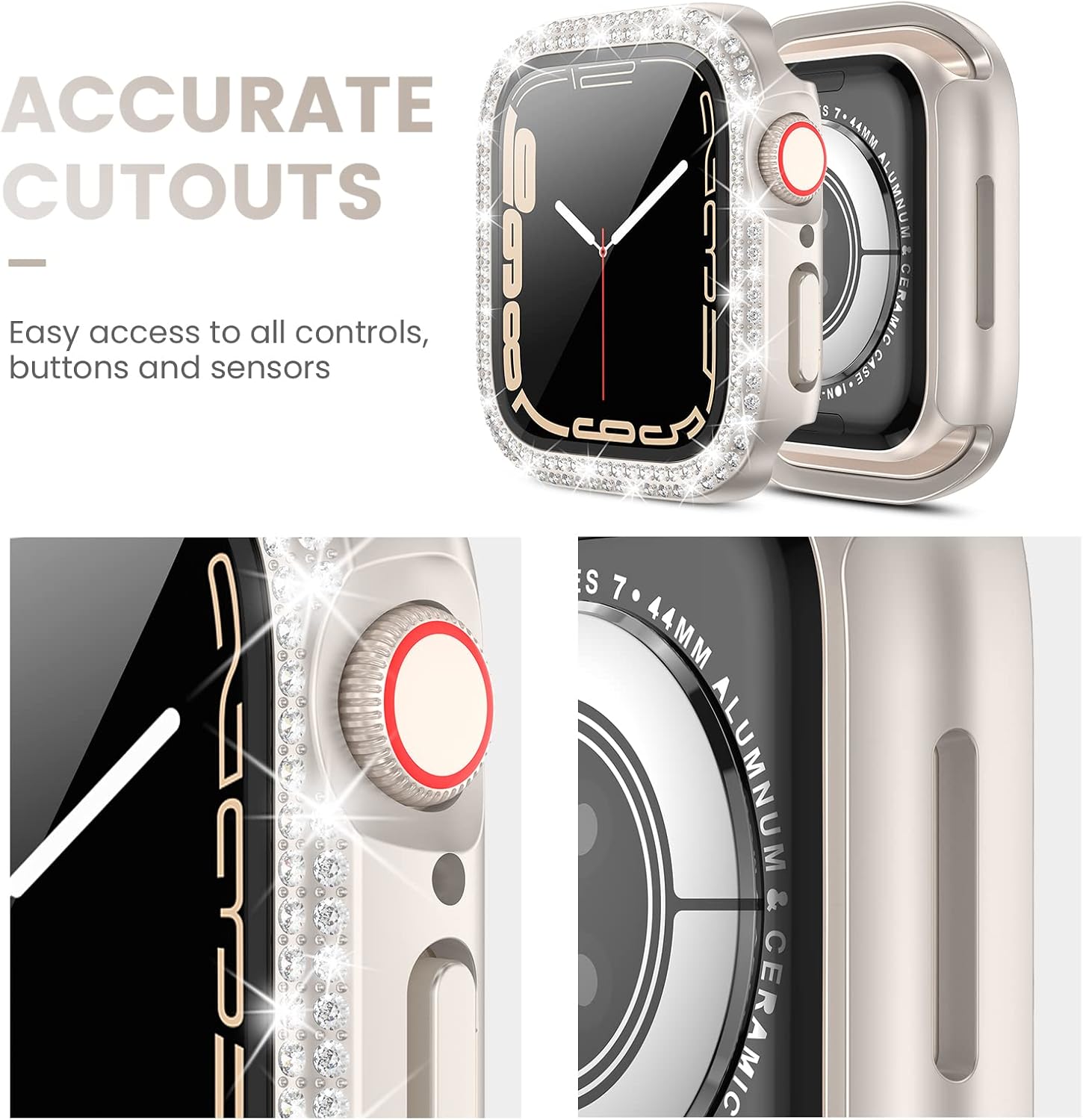 Tensea [3Pack] for Apple Watch Screen Protector Case SE 2022 & 6 5 4 44mm Accessories, Protective Bling Face Cover, iWatch Hard PC Diamond Bumper Case Built-in Tempered Glass for Women Girls (44 mm)