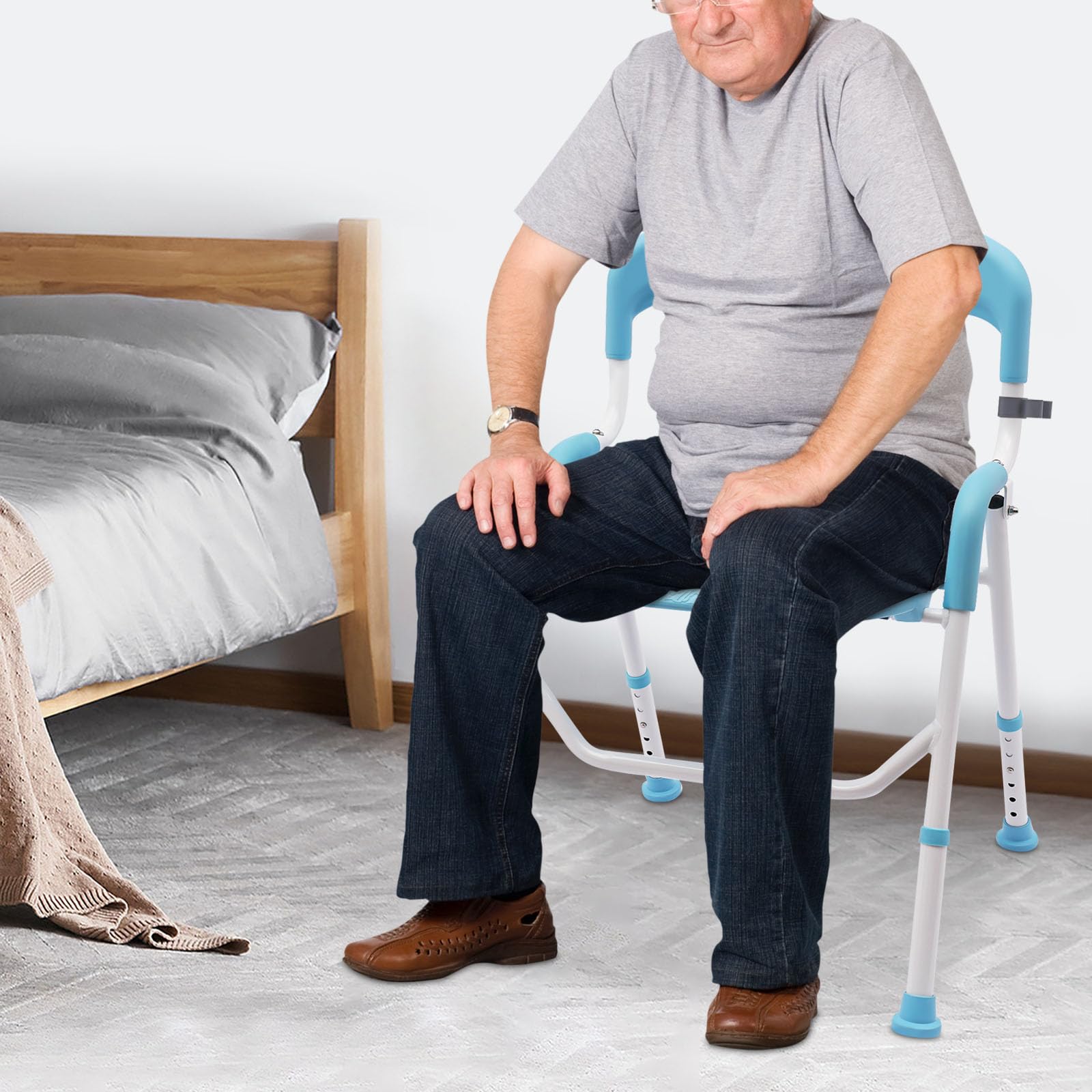 Silla de ducha plegable para personas mayores, asiento de ducha plegable con altura ajustable, silla de inodoro estable con reposabrazos, silla de ducha portátil para mayor comodidad y seguridad