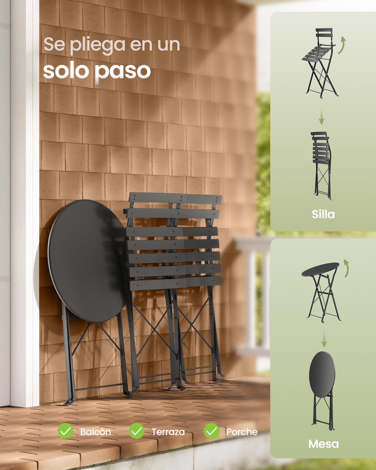 SONGMICS Juego de Jardín de Exterior, 3 Piezas, 2 Sillas y 1 Mesa, Plegable, Salón de Exterior, Acero, Resistente a la Intemperie, para Balcón, Terraza, Negro Tinta GGF036BZ01