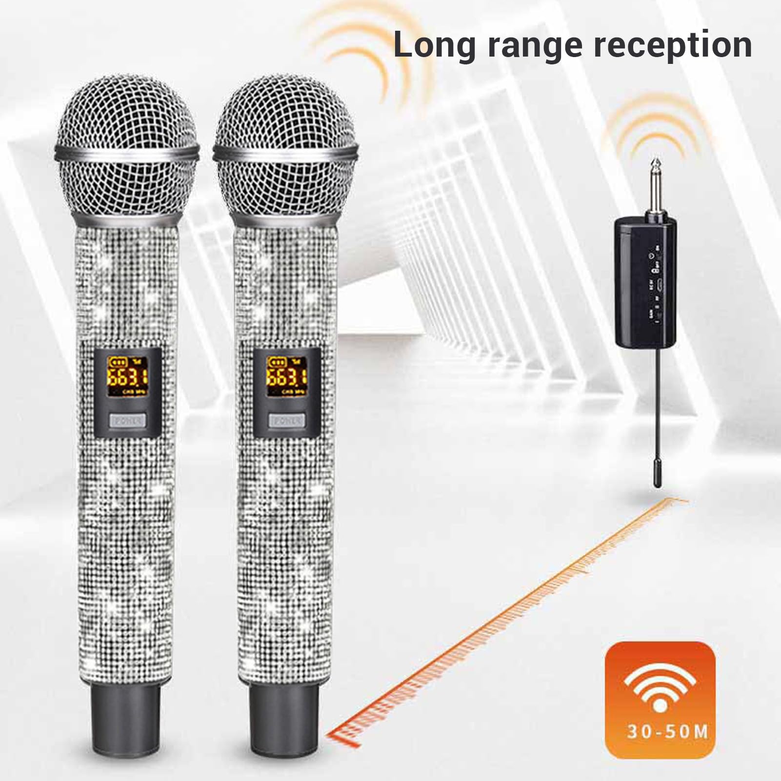 Mikrofon Bezprzewodowy, Ręczny Mikrofon Bezprzewodowy VHF ze Odbiornikiem, Zasięg 30 Stóp, Mikrofon Dynamiczny do śpiewania, Karaoke, z brokatową osłoną Mikrofonu
