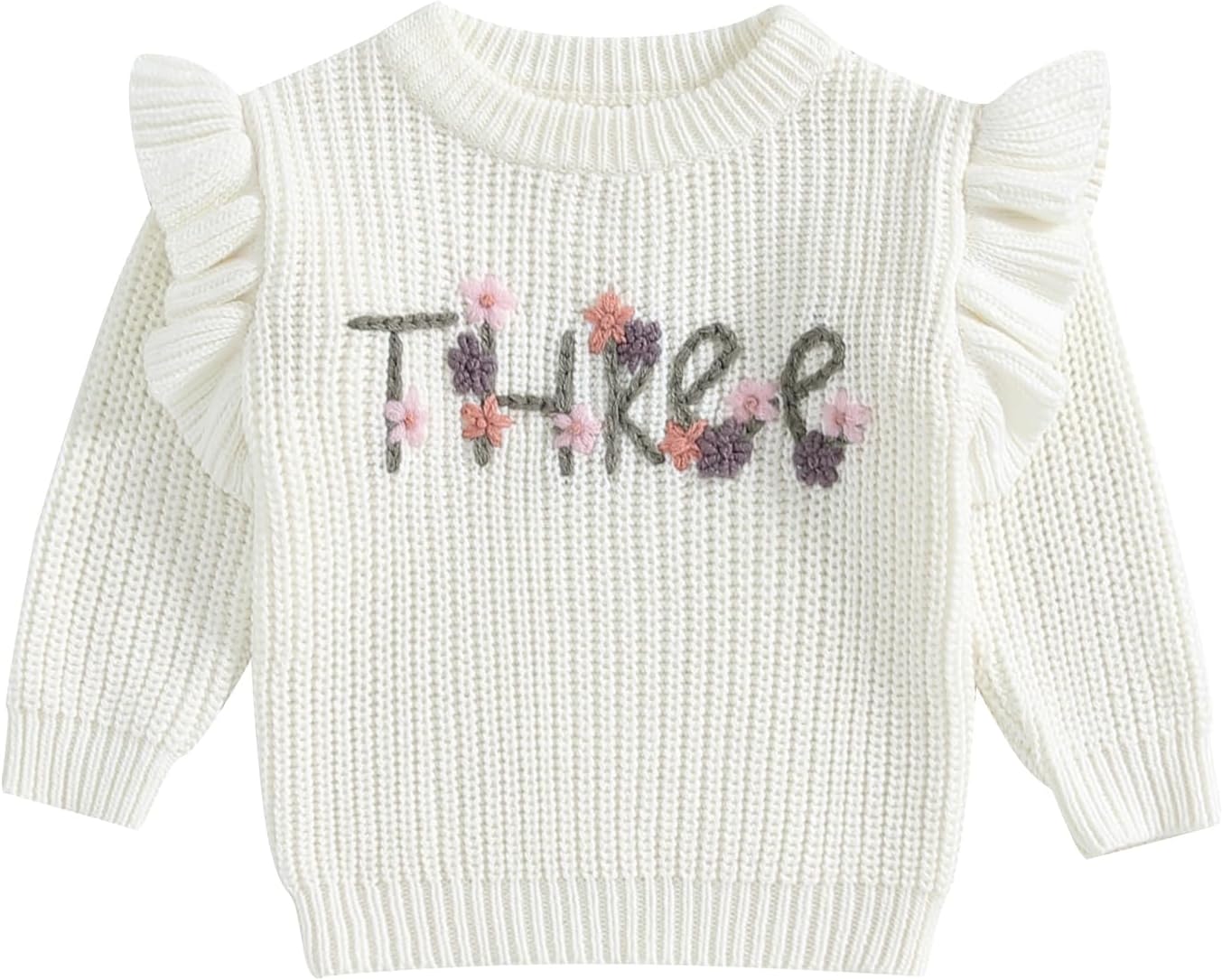 Todder Baby Girl 2 3 Years Birthday Sweater 2nd Birthday Outfits Floral 3rd Birthday Embroidery Knitted Pullover Sweatshirt (White for 3 Years Birthday, 3-4 Years)