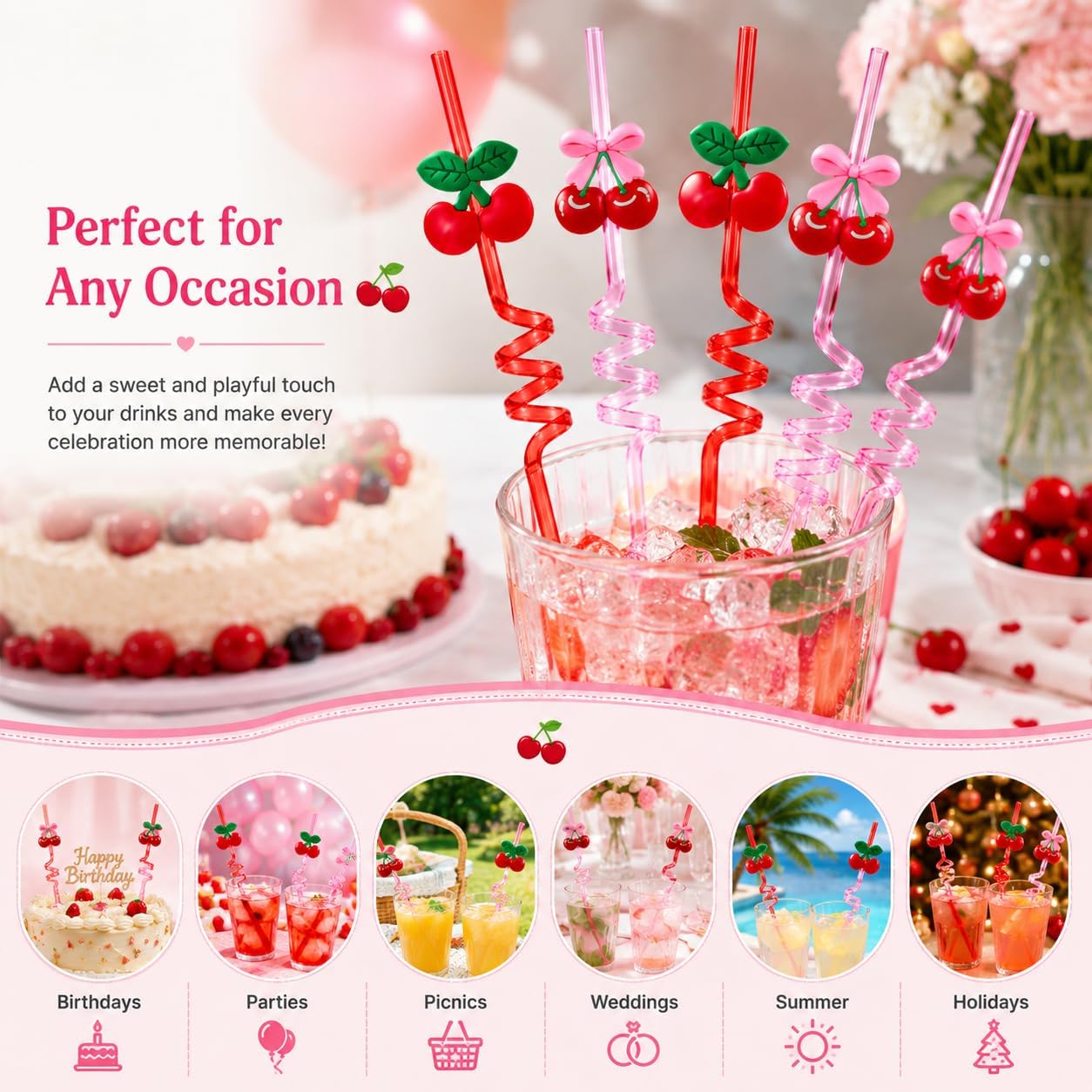 36 Pcs Cherry Color Party Drinking Straws for Birthday and Bridal Shower | 26 cm cute decorative drinking straws pink and red mix, pool party, baby shower, wedding, game night, cocktails, juice, soda