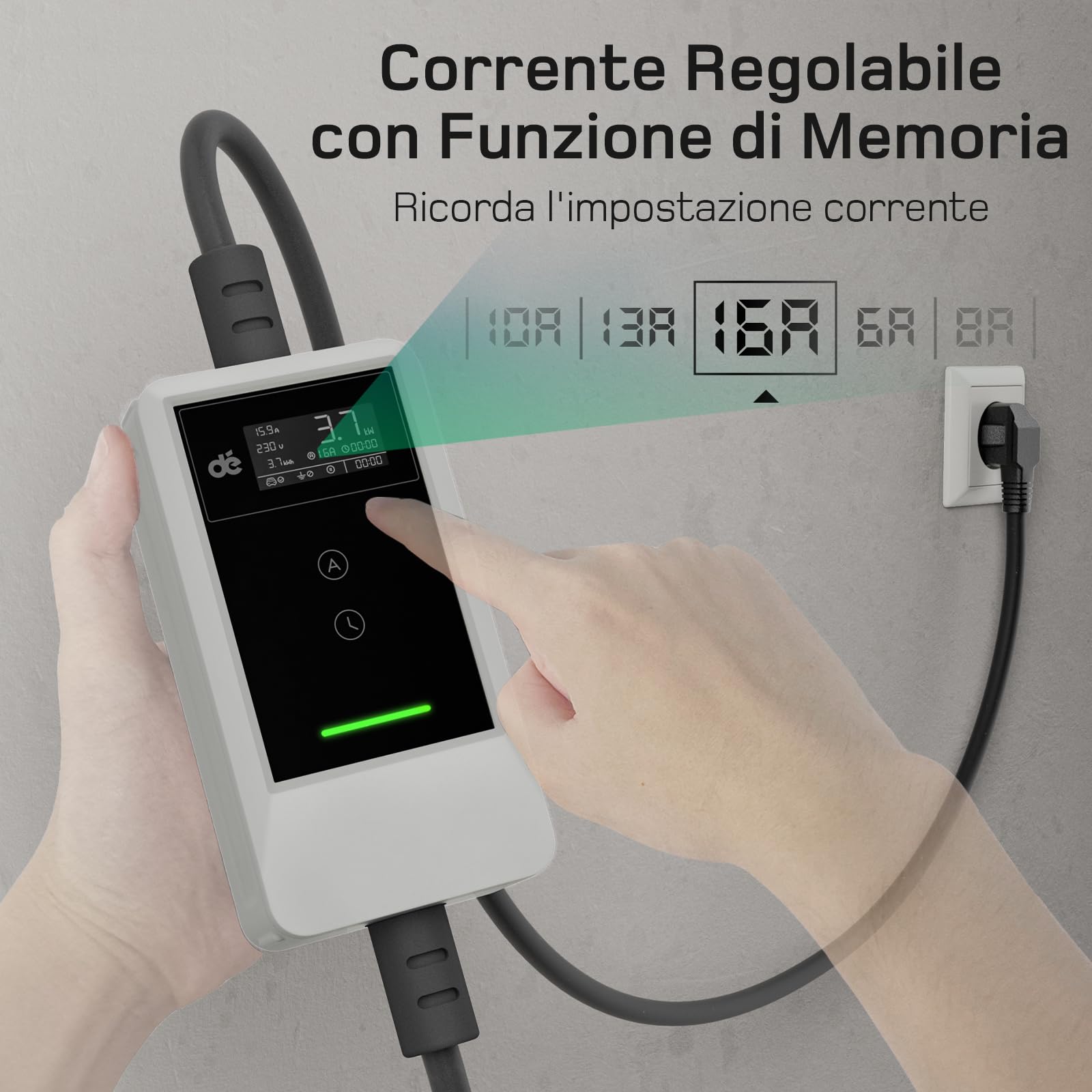 dé Cavo Ricarica Auto Elettrica Tipo 2 Schuko 3,7kW [6/8/10/13/16A] Colonnina Ricarica Auto Elettrica con Supporto, Wallbox Compatibile con Model Y/3, e208 e Altri EV/PHEV, Bianco, 6,5m