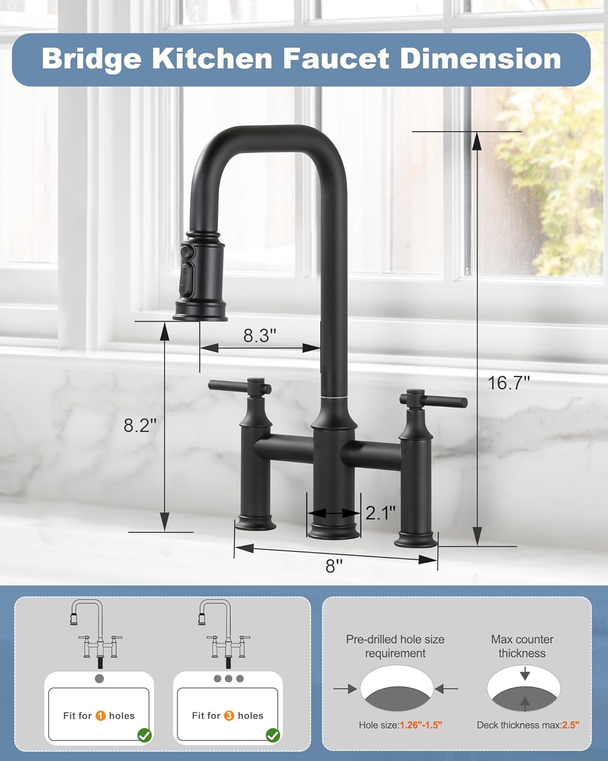 Bridge Kitchen Faucet Matte Black: 3 Hole Solid Brass Farmhouse Kitchen Faucet with Pull Down Sprayer, 2 Handle 8 Inch Centerset High Arched Sink Faucet with 360° Swivel Spout