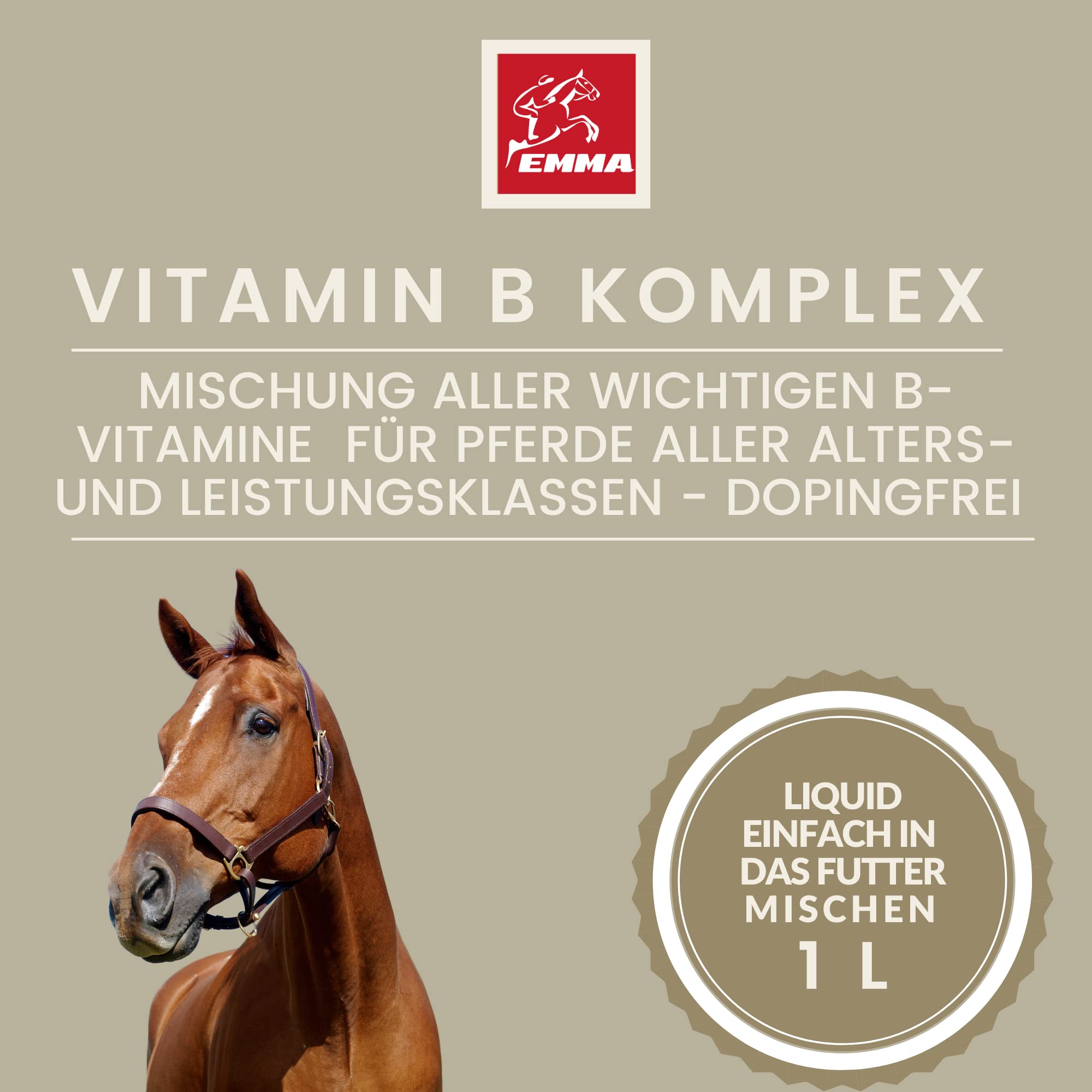 Complejo vitamínico B Caballo 1L Líquido I Vitamina B Altamente dosificada con B1 B2 B6 B12 vitaminas B El Complejo vitamínico B favorece la Musculatura el Sistema inmunitario metabolismo nervioso