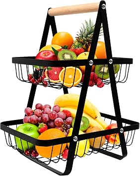 2-Tier Fruit Basket with Wooden Handle, Detachable Metal Fruit Bowl Holder Vegetable Storage Rack, Countertop Holder for Kitchen, Home, Office - Organize Fruits, Veggies, Snacks, Bread