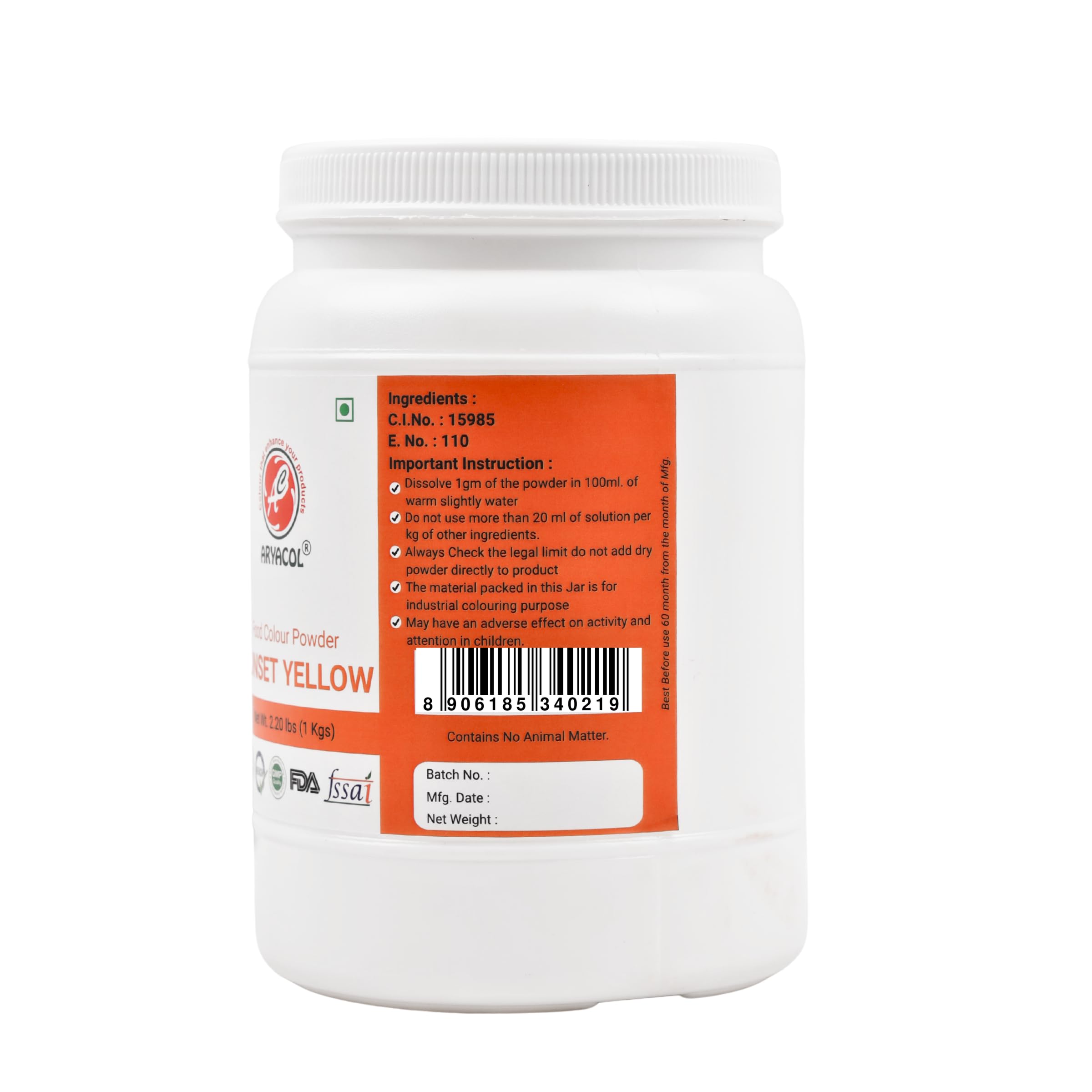 Aryacol Sunset Yellow Fcf Food Color (E110) ? Bright Orange-Red | For Beverages, Bakery, And Confectionery Use. Fssai Certified, Ideal For Industrial And Commercial Applications. 3