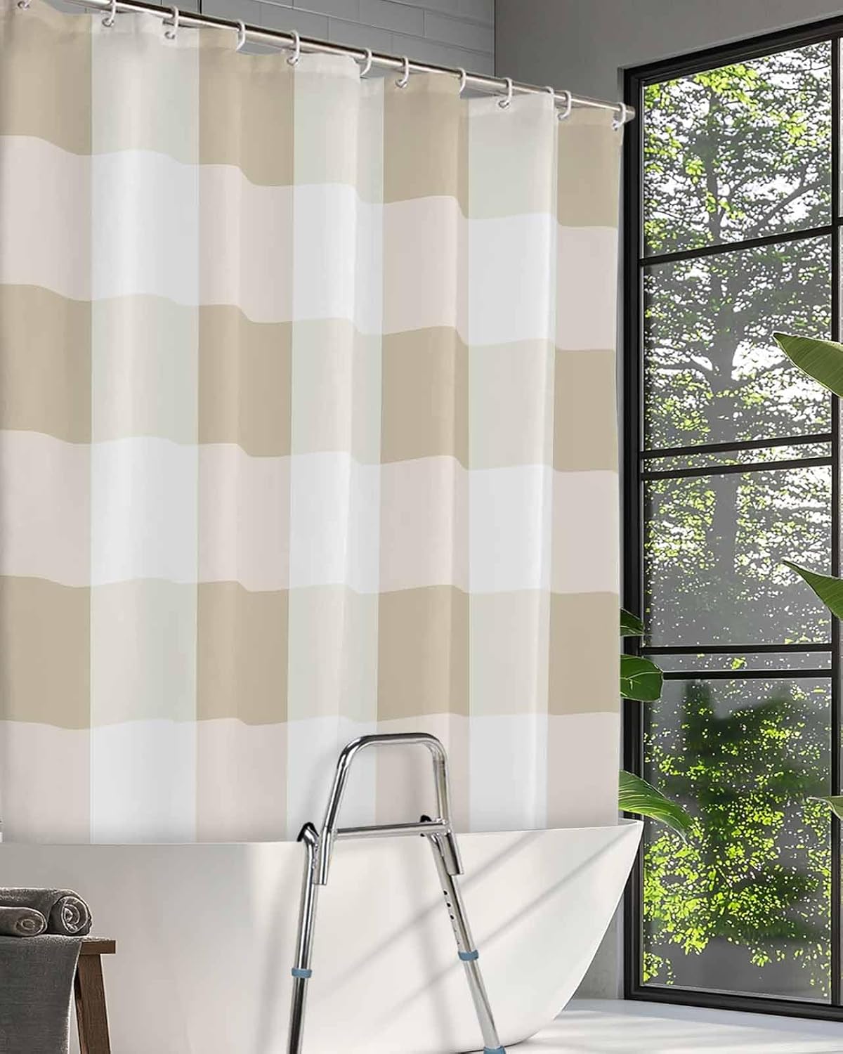 Split Shower Curtain for Transfer Bench, White Light Beige Plaid Waterproof Fabric Shower Curtain, Farmhouse Modern Simple Check Tub Sliding Transfer Bench Shower Curtains for Bathroom 72'' x 96''
